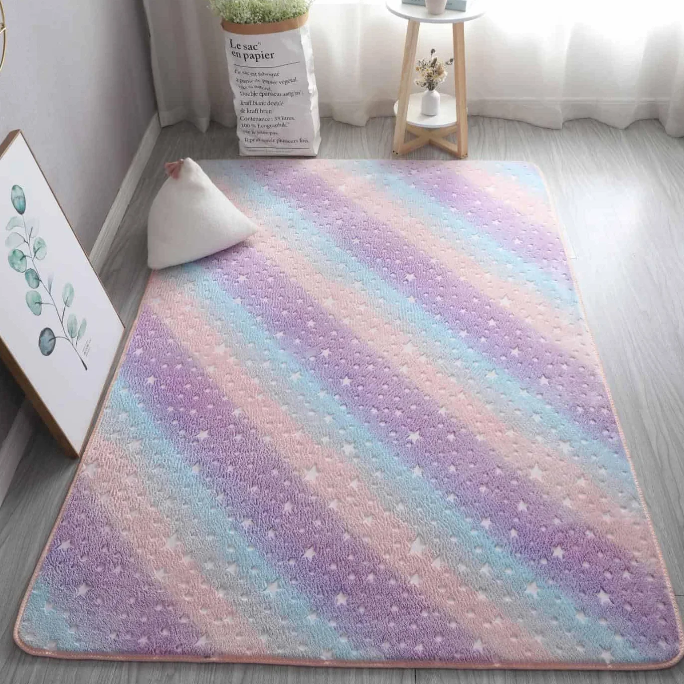 Tapis lumineux phosphorescent à motifs de stars arc-en-ciel pour filles, 100 x 160 cm