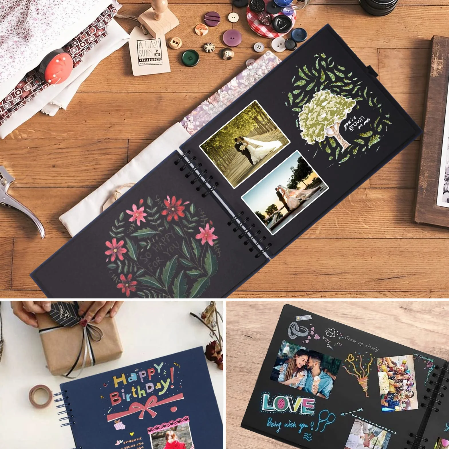 Album Photo Traditionnel Scrapbook 80 Pages, DIY Livre d'or Cadeau Original Mariage Anniversaire (Noir)