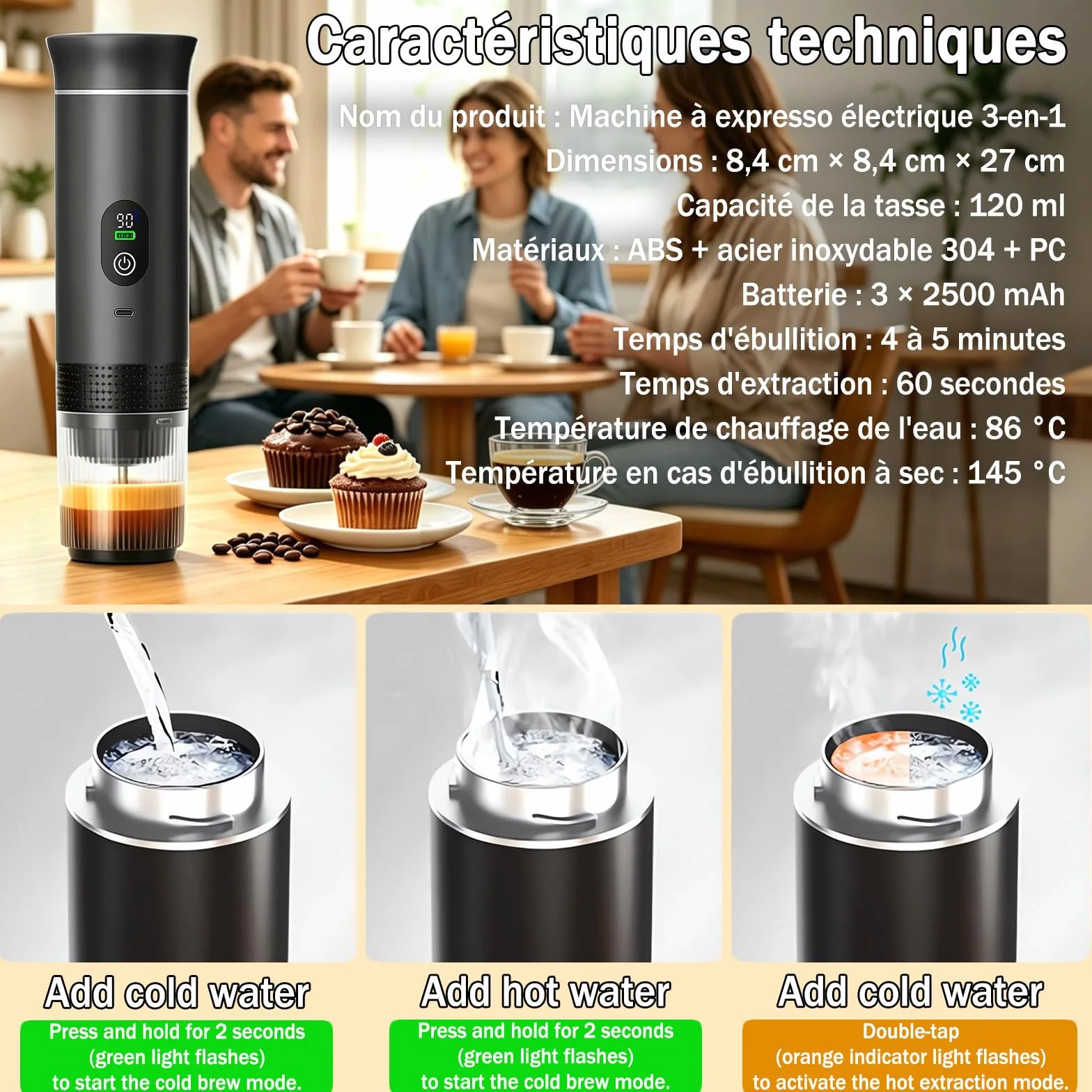 Machine à Cafe Portable,3 En 1 Cafetière à Expresso Chauffage Électrique,Rechargeable,Pour Camping et Voiture,Chauffage Rapide,compatible avec Capsules K-Cup et café moulu,Pour voyage