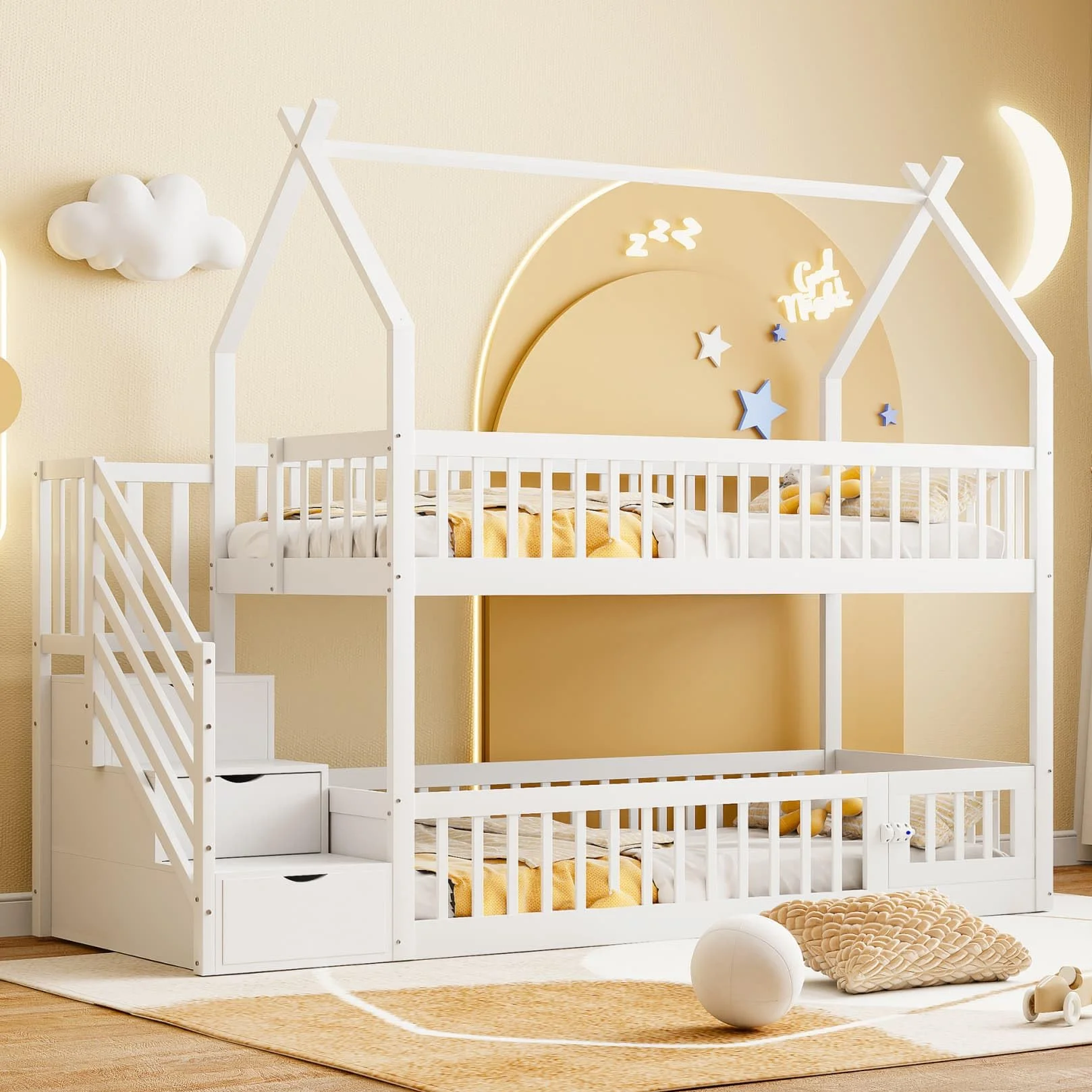 Lit Superposé Enfant 90x200 avec Échelle de Rangement,Porte,Haute Barrière de lit,Lit Cabane Enfant avec Sommier à Lattes Solide,pour Enfants Adolescents(B-Blanc, 90x200)