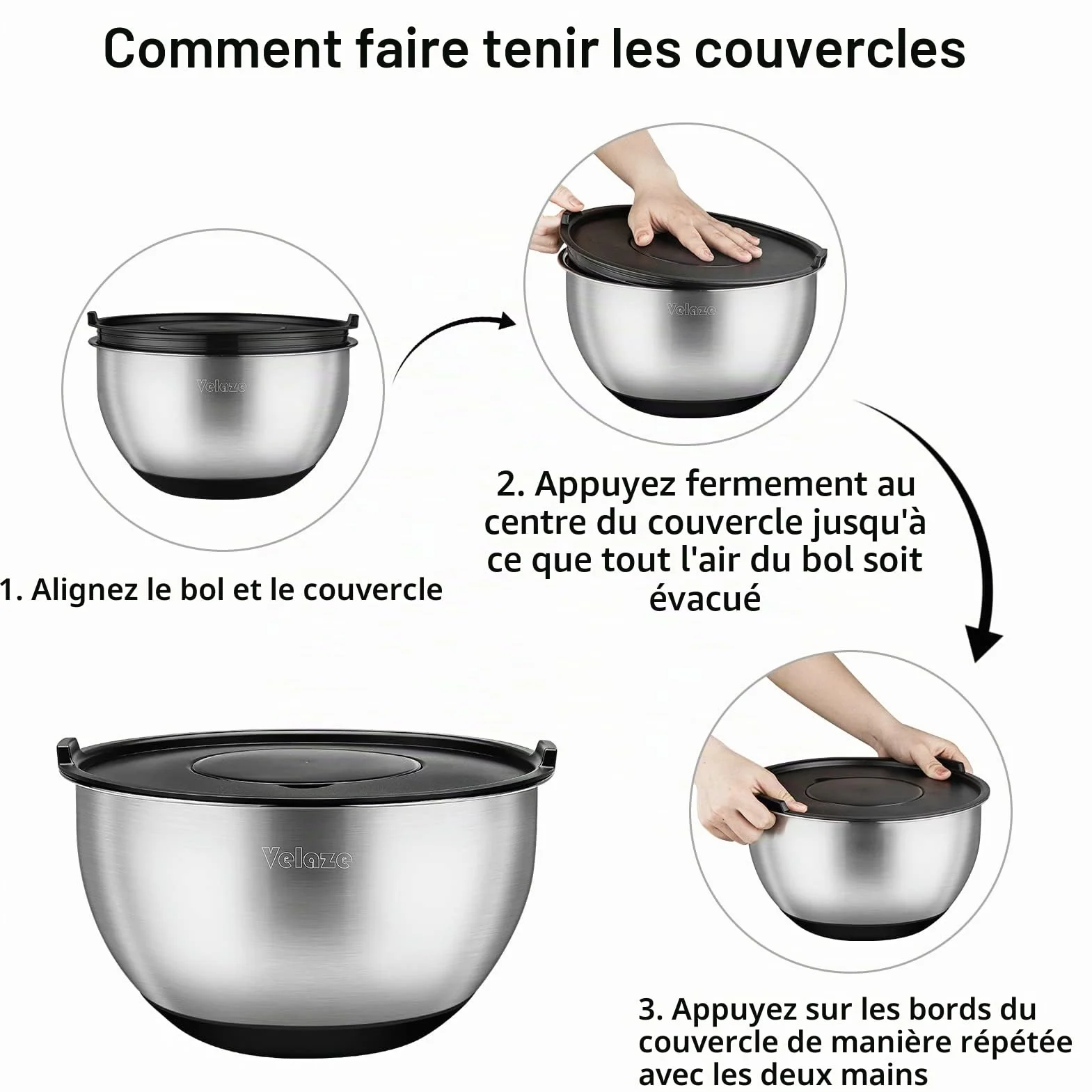 Velaze, Ensemble de 5 Bols Mélangeur Saladier en Acier Inoxydable, avec Poignée,Couvercles, Base en Silicone antidérapante, Râpe