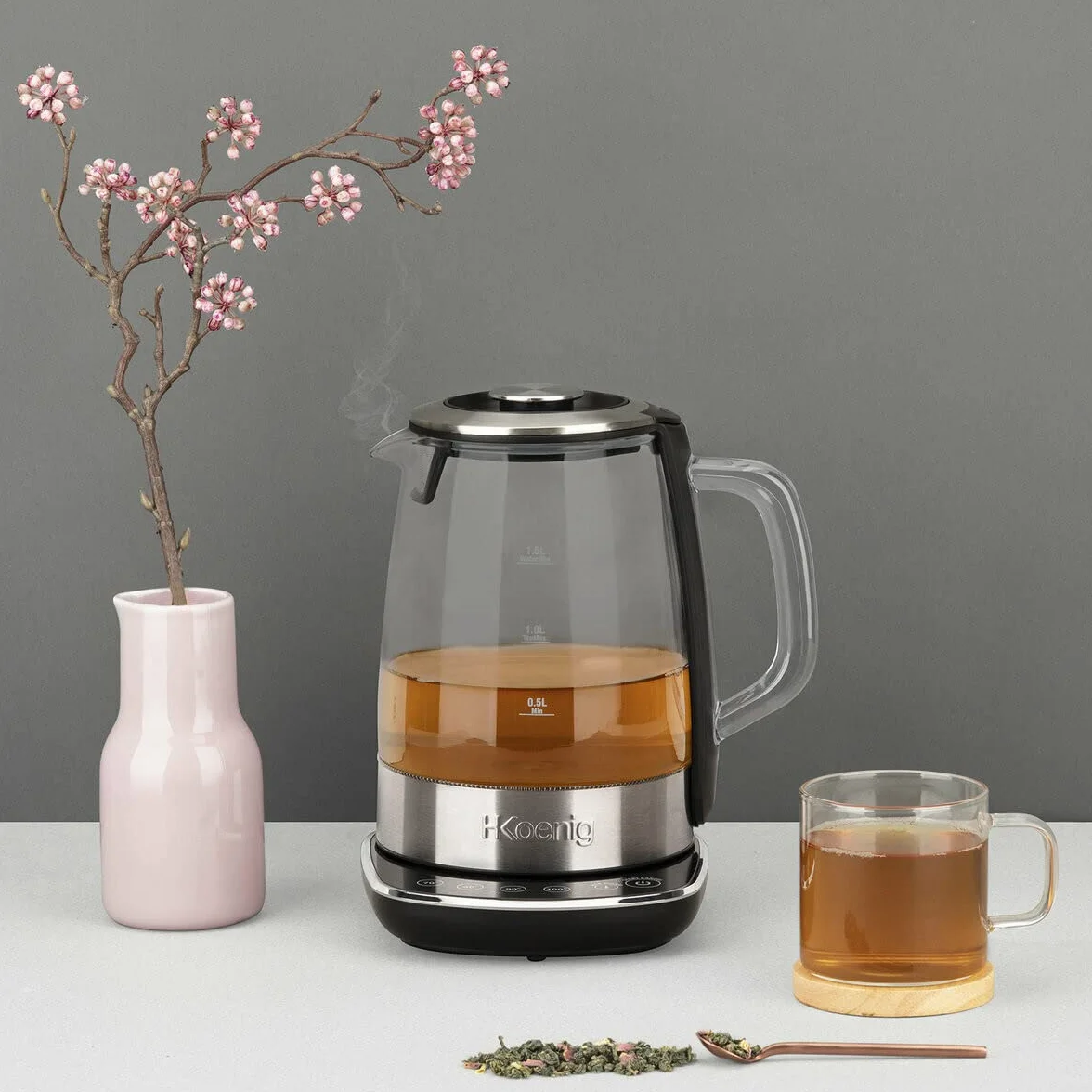 H.Koenig Théière Bouilloire Instant T électrique en Verre 1.5L TI600 avec Infuseur filtre à Thé Inox 2200W Compacte, Ebullition rapide, Thermostat Réglable 70° à 100°C, Maintien au chaud, 2couvercles