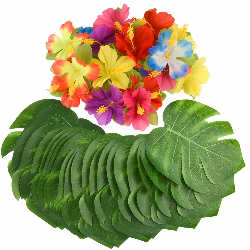 KUUQA 60 Pcs Tropical Party Decoration Fournitures 8" Palmtera Feuilles Hibiscus Simulation Hawaiian Luau Jungle Beach Theme