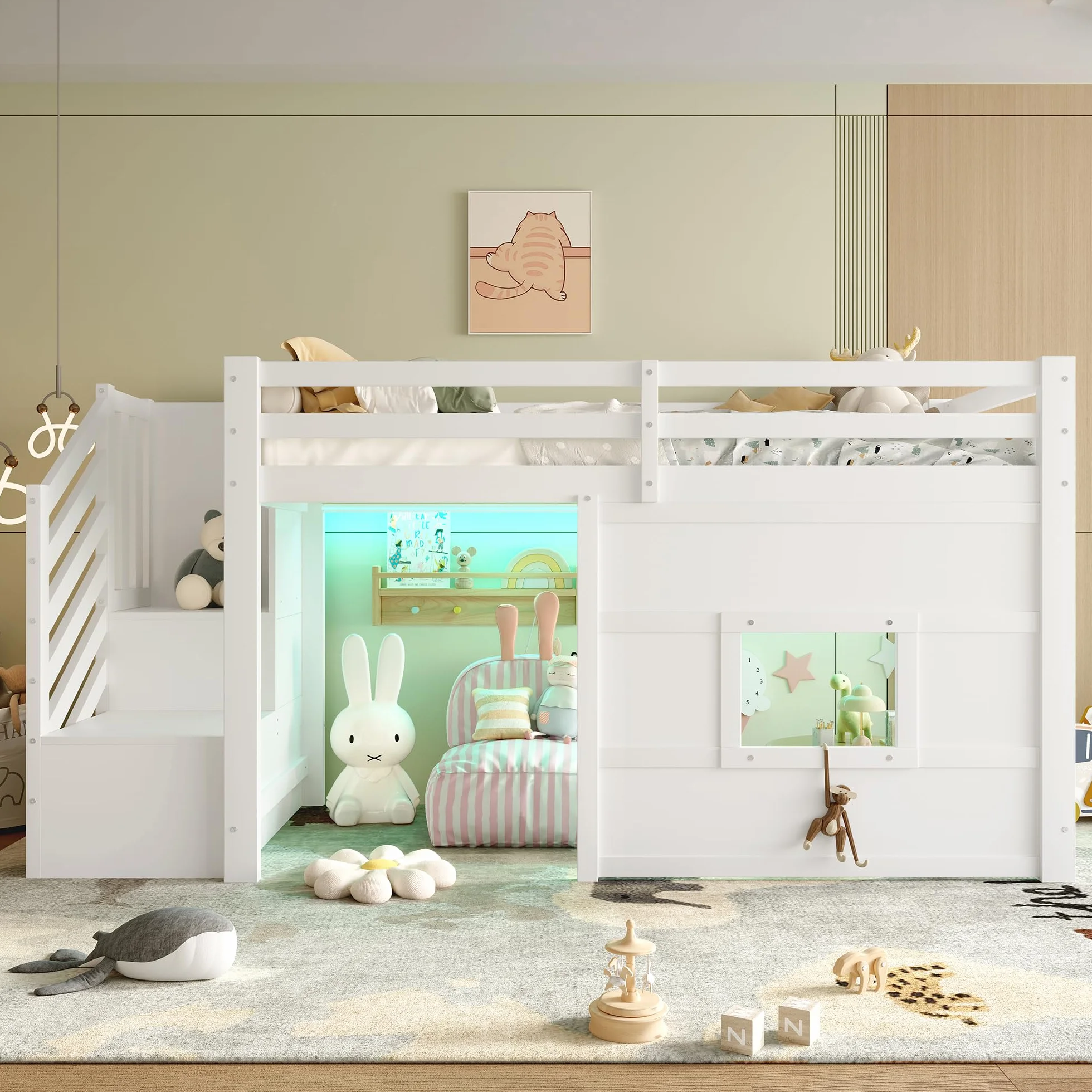 Lit Mezzanine Enfant 90x200 avec Escalier de Rangement, Cadre de Lit Enfant Fenêtre et Éclairage LED - Cadre de Lit en Bois Stable