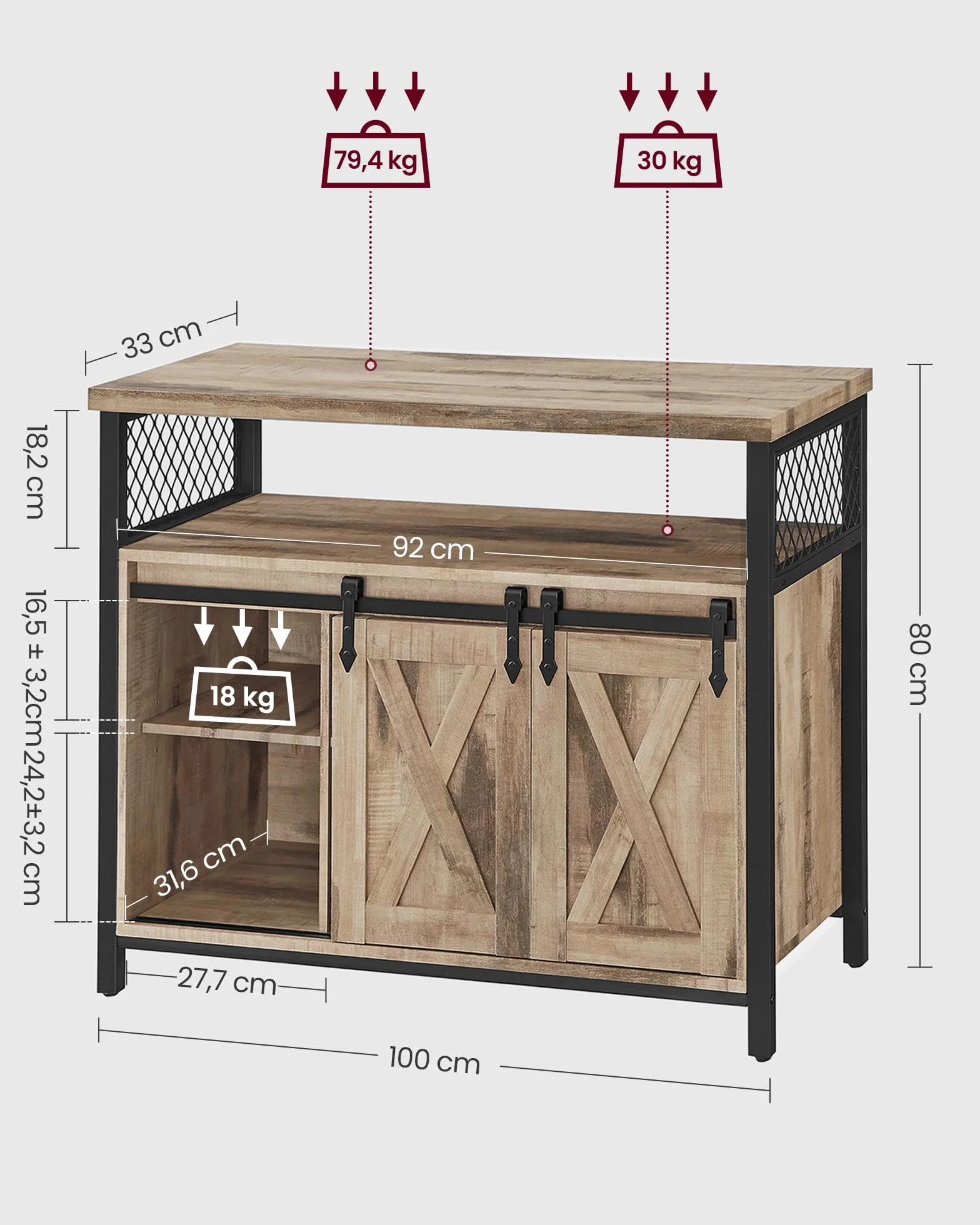 VASAGLE Meuble de Rangement, Buffet Cuisine, Commode, avec 2 Portes Coulissantes, 33 x 100 x 80 cm, Étagères Réglables, pour Salon, Marron Camel et Noir d'encre LSC092B50