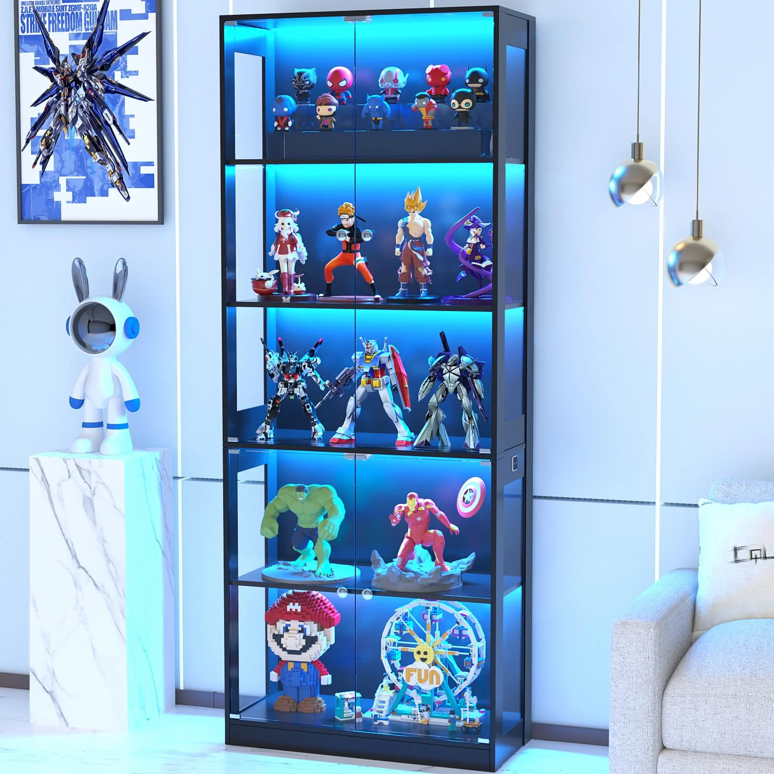 VOWNER Vitrine 5 étages en Verre avec éclairage LED 3 Couleurs, détecteur Intelligent, tablettes en Verre autonomes pour Figurines et Collection, Salon Chambre (Noir, 5 étages)