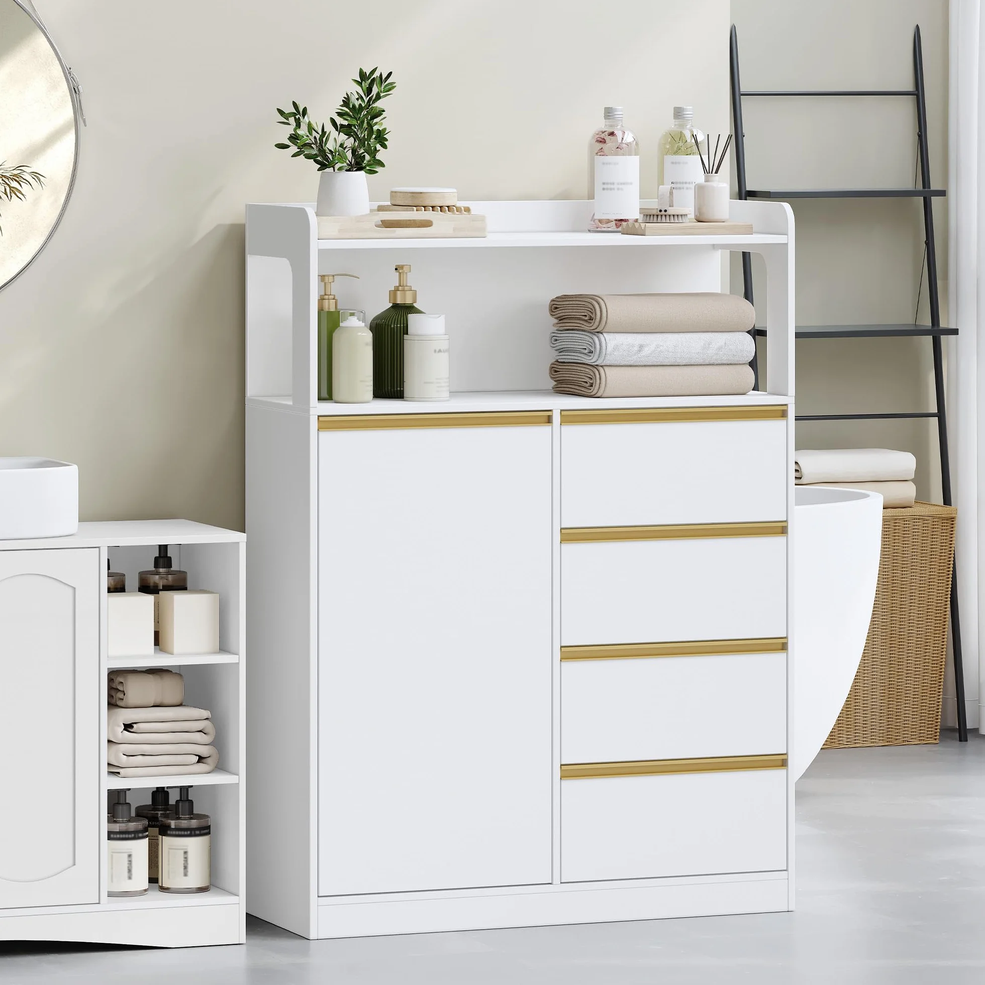 HEXCELEN Meuble Salle de Bain, Meuble Salle de Bain Rangement, Placard de Rangement avec 4 Tiroirs, Armoire Haut Salles de Bains, Étagères Réglables, Salles de Bains, Le Salon, Blanc, 30 x 80 x 110 cm