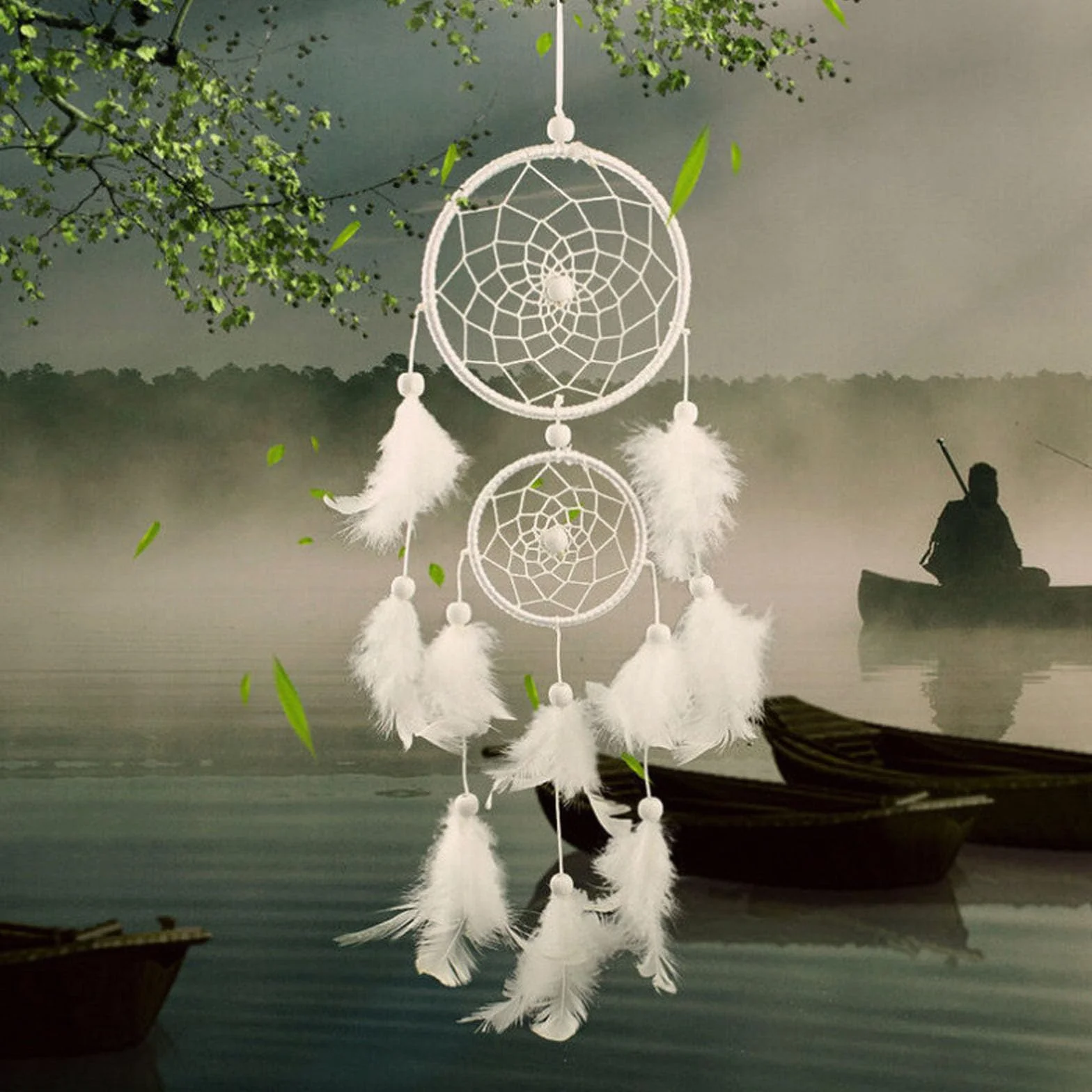 Attrape Rêve Grand Plumes 2 Cercles Tenture Murale Décoration Chambre Blanche