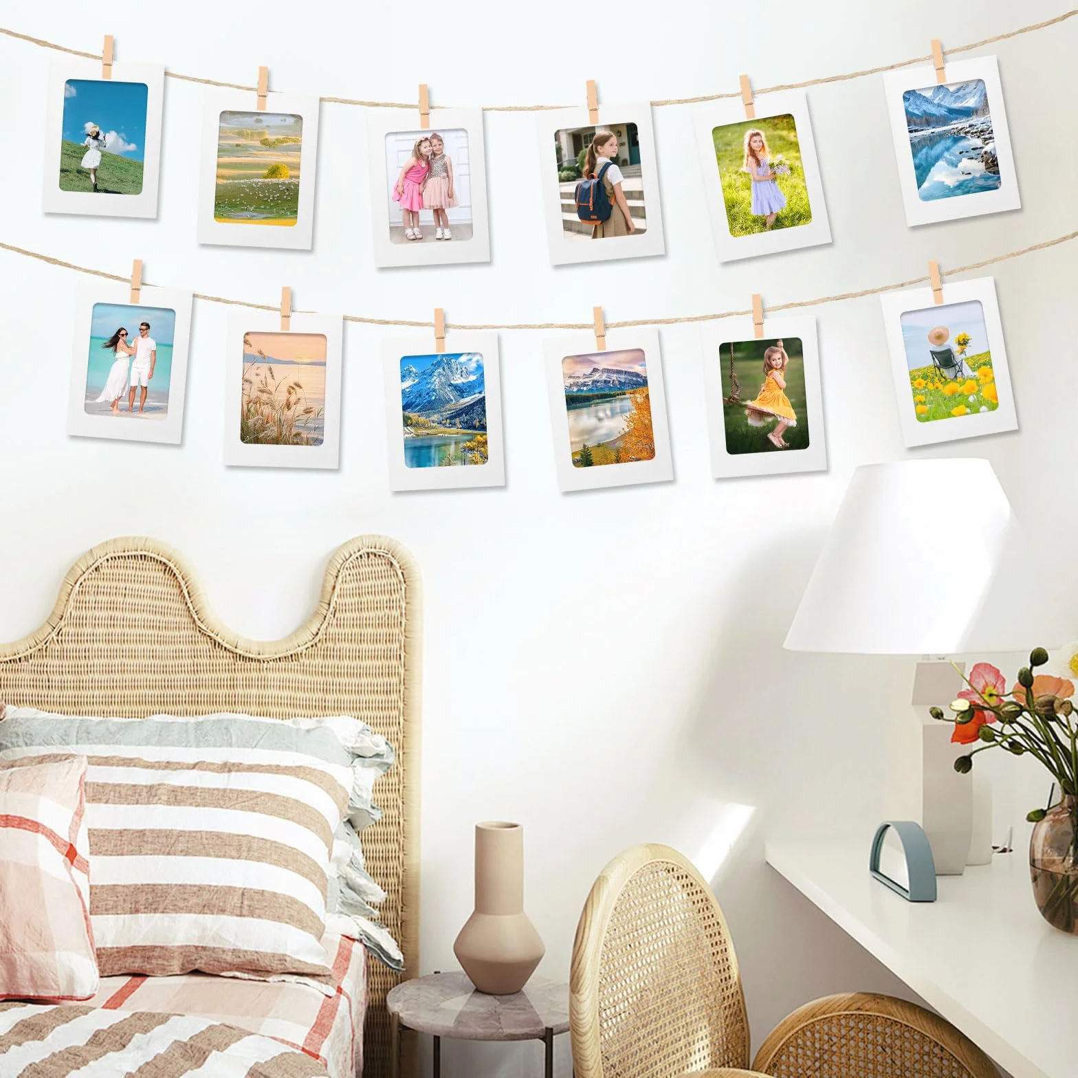 Guirlande Photo 40 Pièces Cadres Photo 10x15 cm Pele Mele Photo Mural avec Pinces en Bois pour Décoration Murale (Blanc)