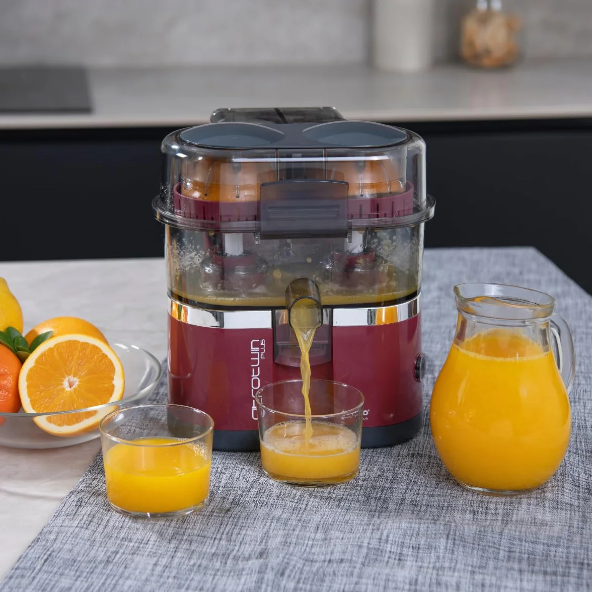 Presse Agrume Electrique Extracteur de Jus d`Orange Fruits et Légumes Double Tete Machine Automatique Orange Agrumes Robot de Cuisine Compact Stable Rapide Anti Eclaboussures 1000w