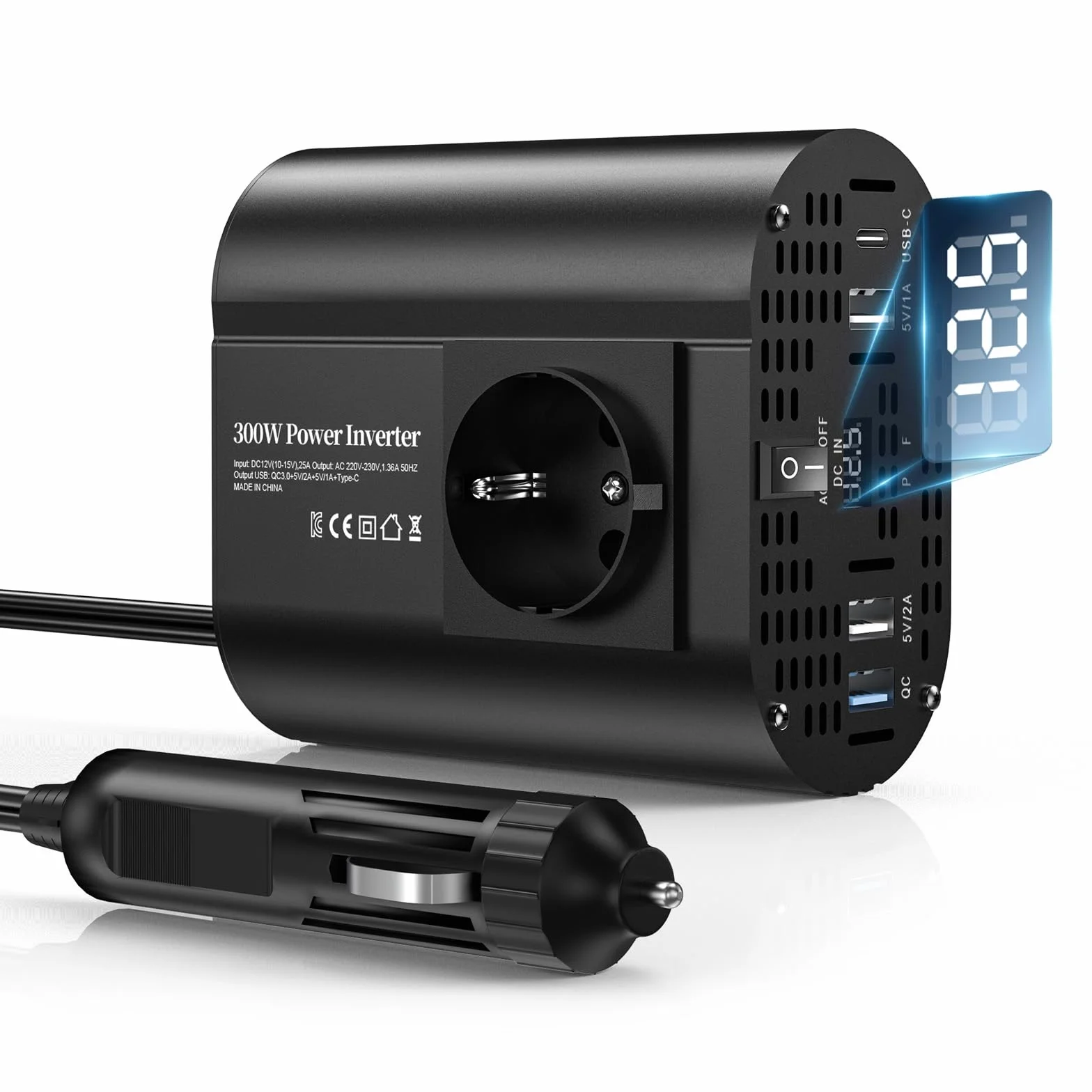 300w konwerter 12v 220v, przenośnik 12v 220v z 1 gniazdem, typ C 30W, szybkie ładowanie USB 25W, 3 porty USB, wyświetlacz LED