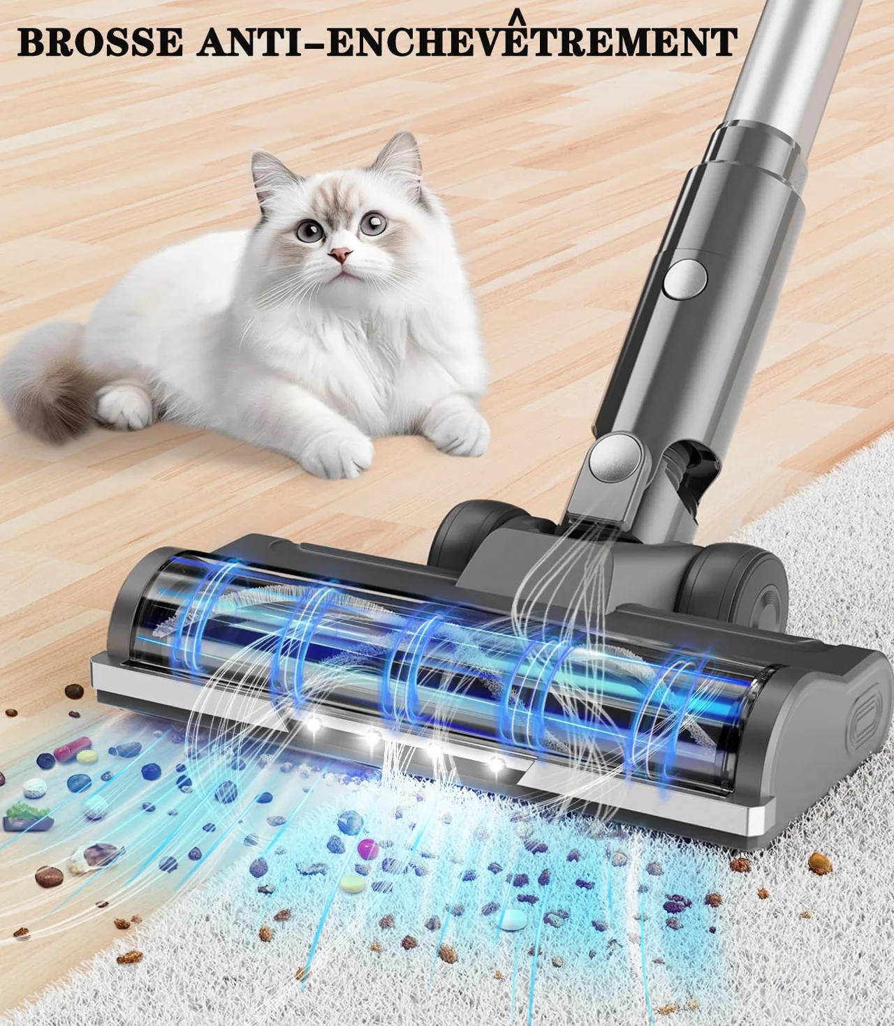 Aspirateur Balai sans Fil Puissant Électrique Silencieux Autonomie Rechargeable Batterie Cyclonique Brosse LED pour Poils d’Animaux Tapis Sols Durs