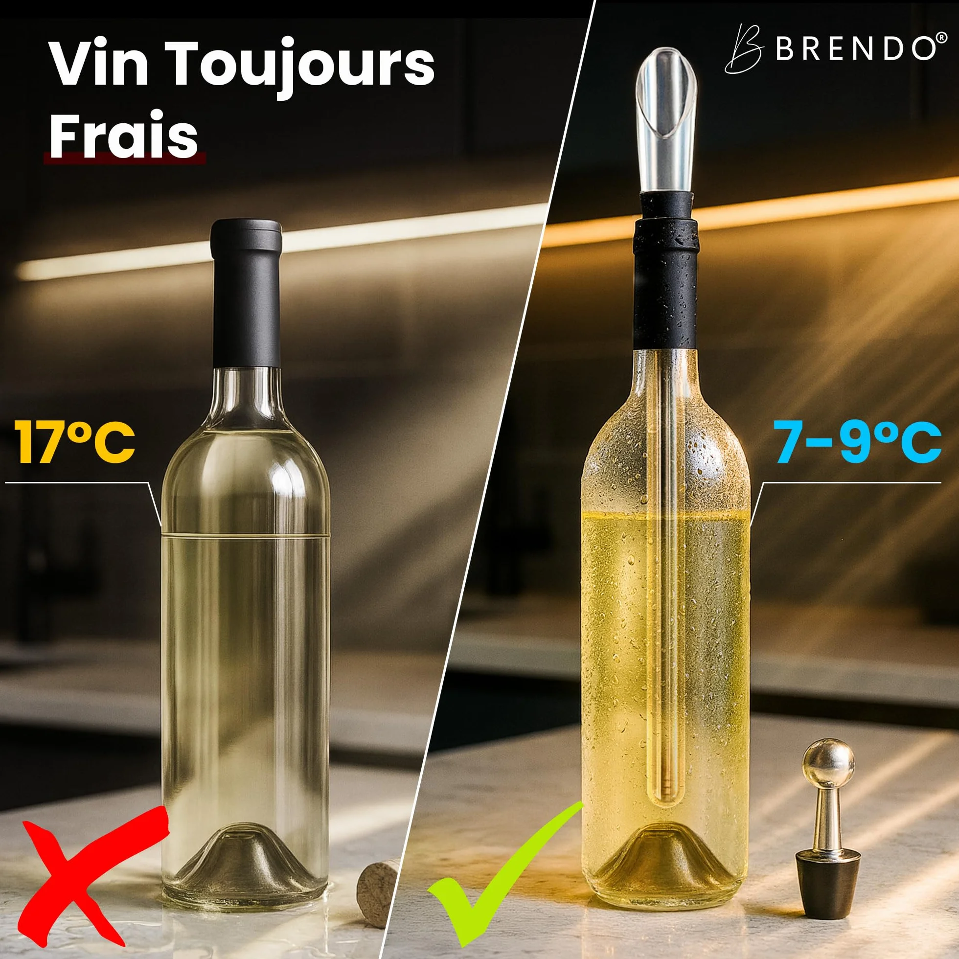 Brendo Rafraîchisseur de Vin 4-en-1 Tige de Refroidissement en Acier Inoxydable 2 Longueurs + Bec Verseur + Décanteur + Bouchon