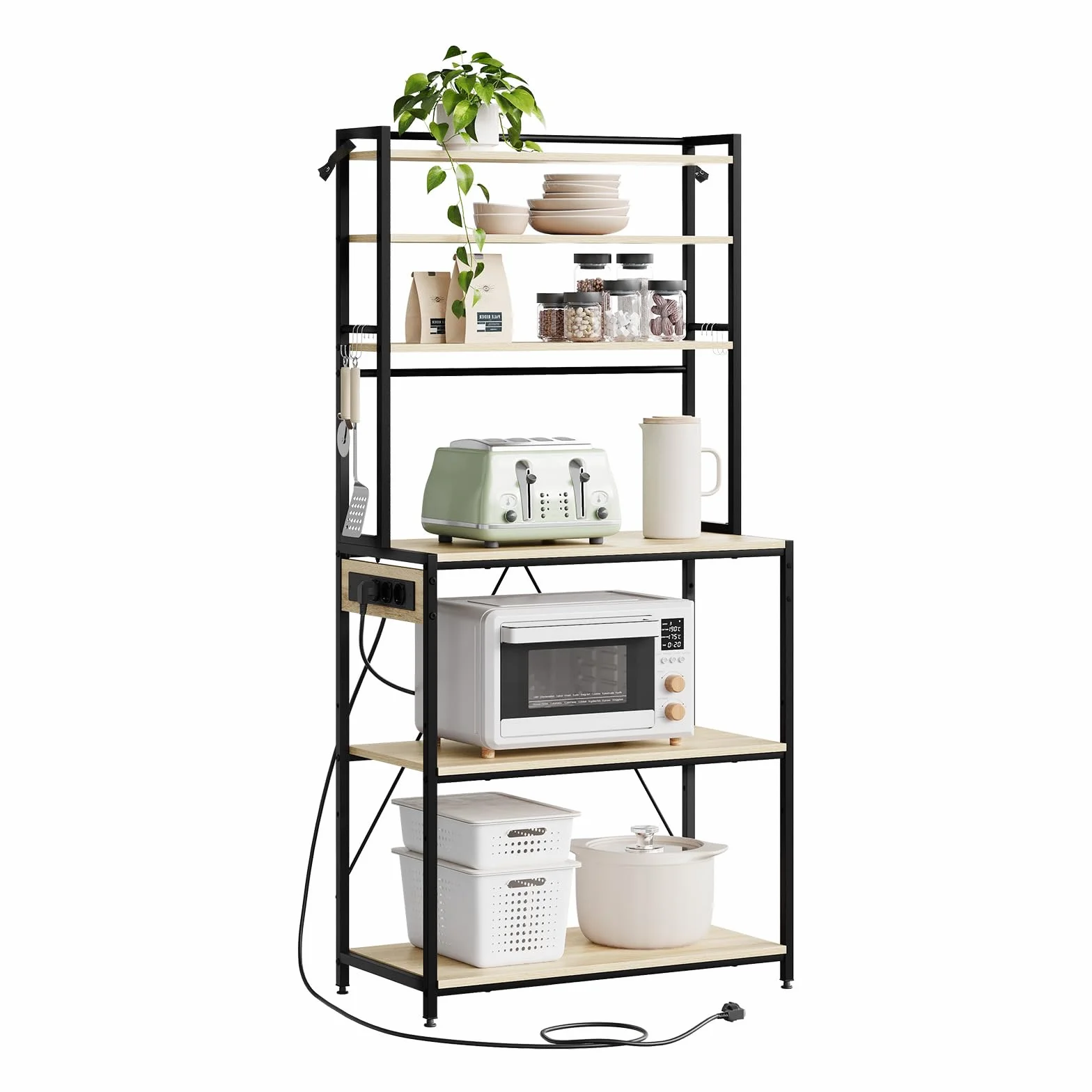 WOLTU Étagère Cuisine avec Multiprise, 6 Niveaux Support Micro-Ondes avec Étagère Réglable & 6 Crochets, Rangement Cuisine, Cadre en Métal & Bois d'Ingénierie, Noir+Chêne Clair, 80x39,5x167cm