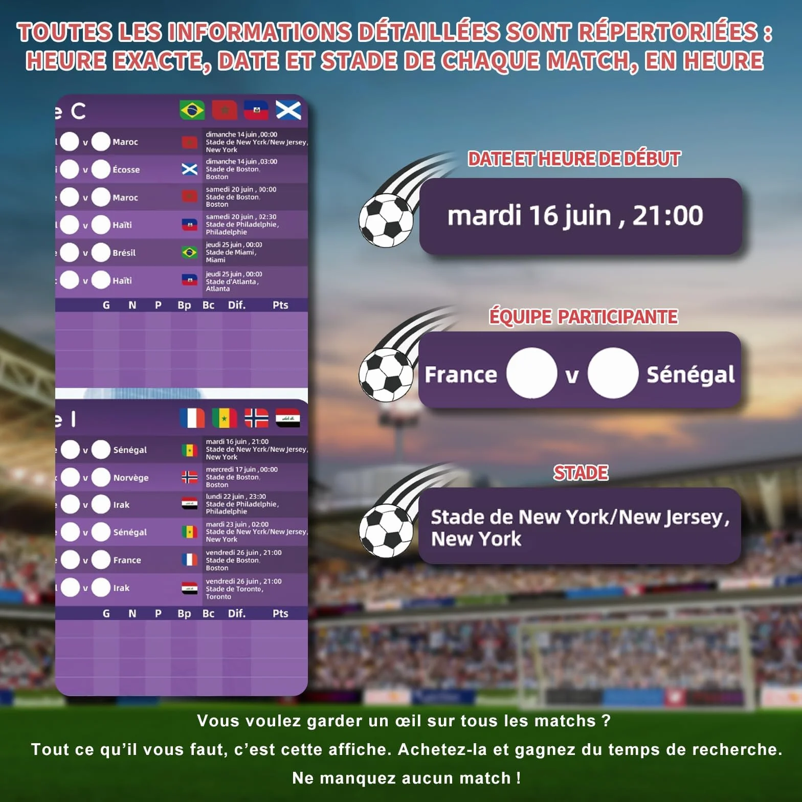 AhfuLife Calendrier Coupe du Monde de Football 2026, 100 x 70cm Poster 48 Pays Phase de Groupes Résultats Finale