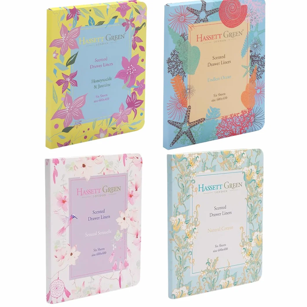 Hassett Green London Lot de 4 doublures de tiroir parfumées Chèvrefeuille Jasmin Lilas Lavande Coton Naturel 600 x 400 cm