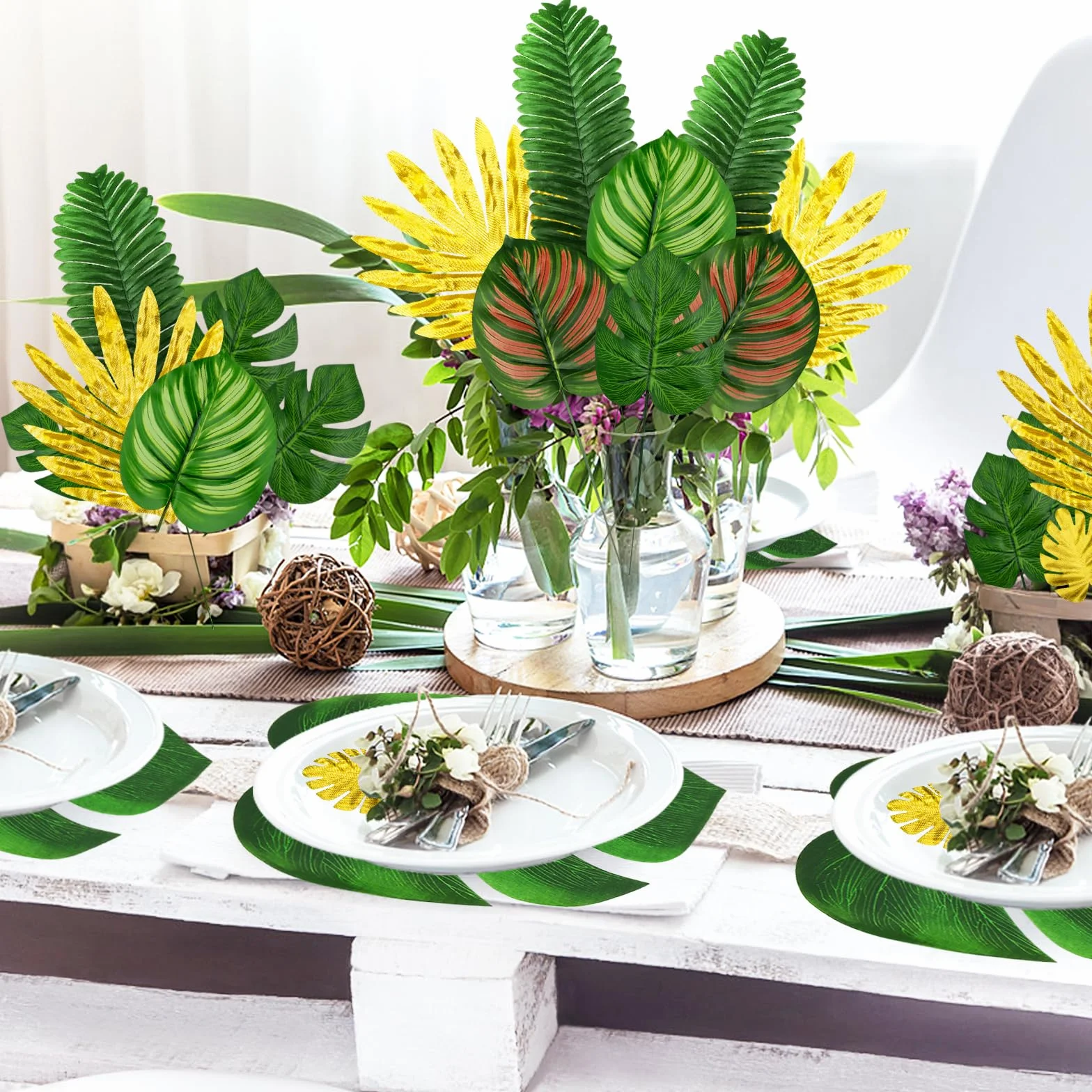 QUOZUO 50 Pièces Feuilles Tropicales Artificielles Palmier Monstera Plantes Tropicales Décorations Vert Or