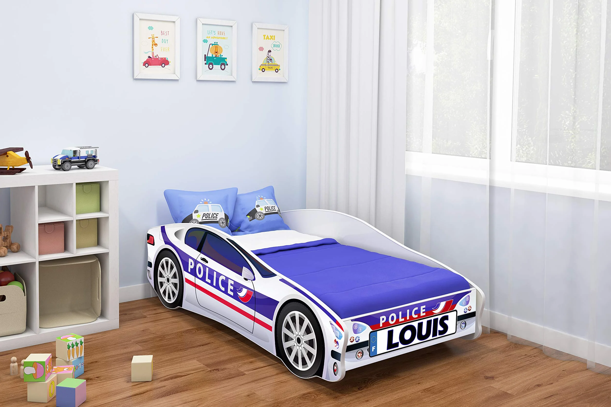 ACMA Lit Junior Voiture de Police 160×80 avec Matelas + Sommier | Lit Voiture Garçon | Personnalisation Prénom Offerte | Couchage Junior Design Auto