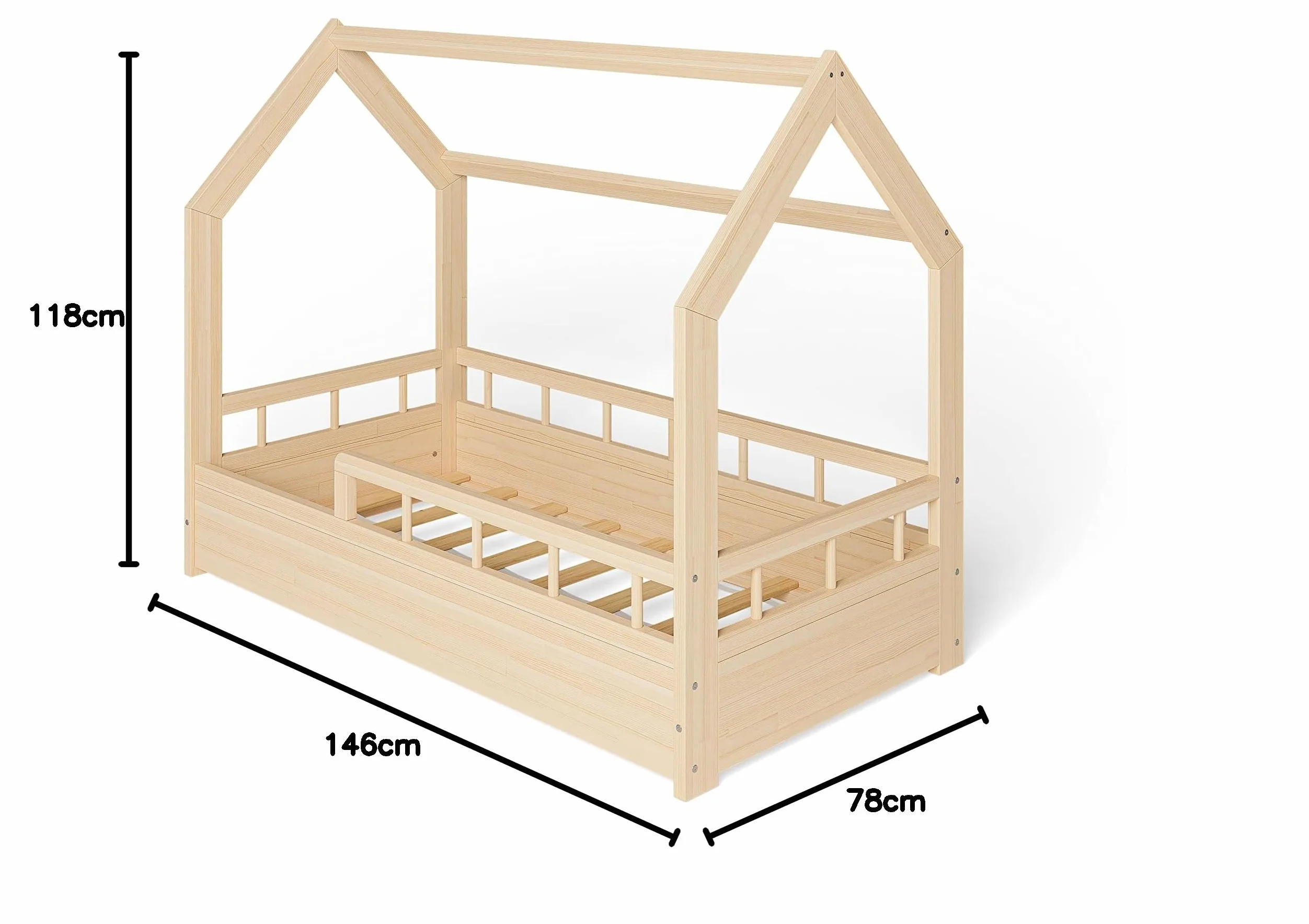 MS FACTORY Lit Enfant Bébé Maison 70x140 cm - Lit en Massif Cabane avec Protection Anti-retombée, Barrière Sécurité - Style Scandinave Montessori - Bois Demi-barrières