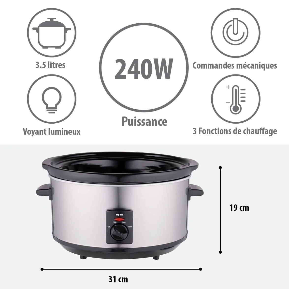 Alpina Mijoteuse Electrique - 3,5 litres - 3 Niveaux de Chaleur - Ceramique/Inox, Argenté