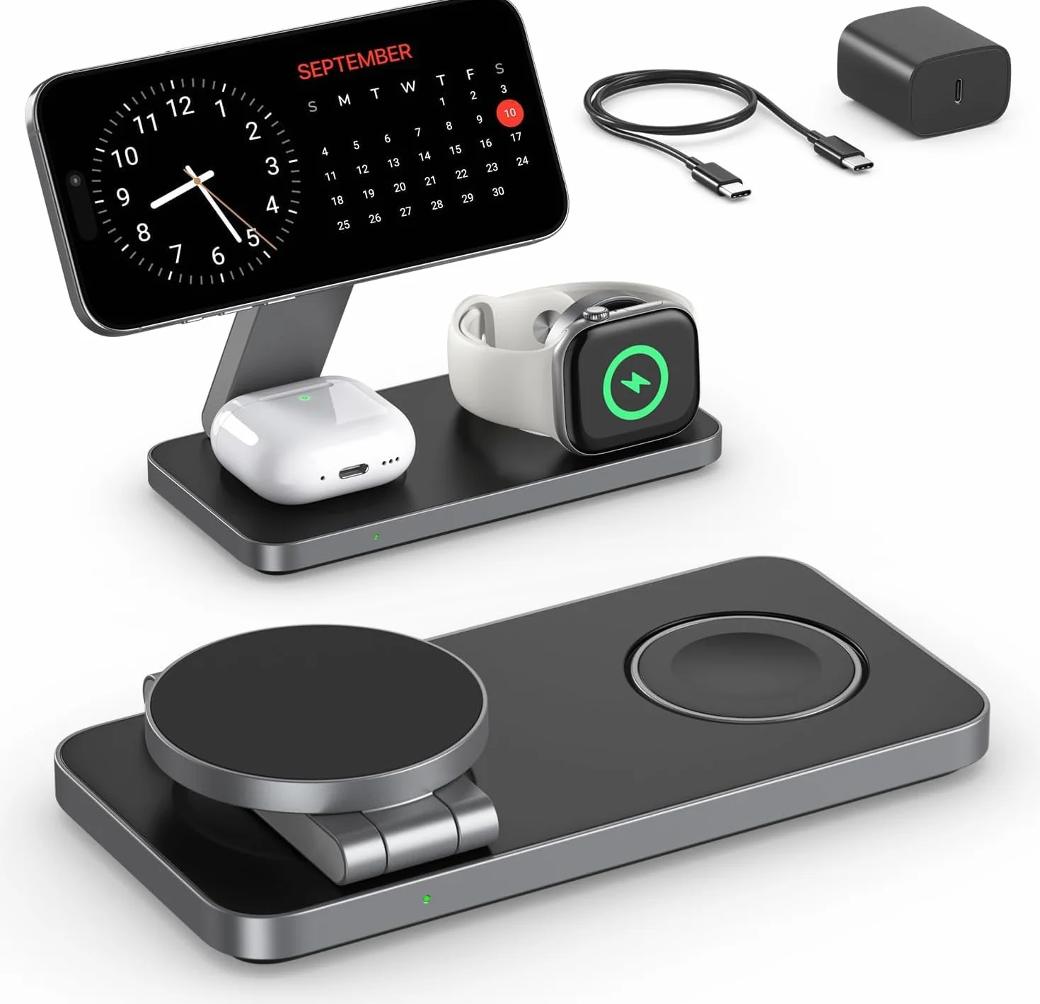 Bezprzewodowa ładowarka, stacja ładująca 3 w 1 do Apple składana, indukcyjna bezprzewodowa ładowarka do iPhone Air 17 16 15 14 13 12, Apple Watch 9/8/7/6/SE/5/4/3/, AirPods Pro z szybkim adapterem