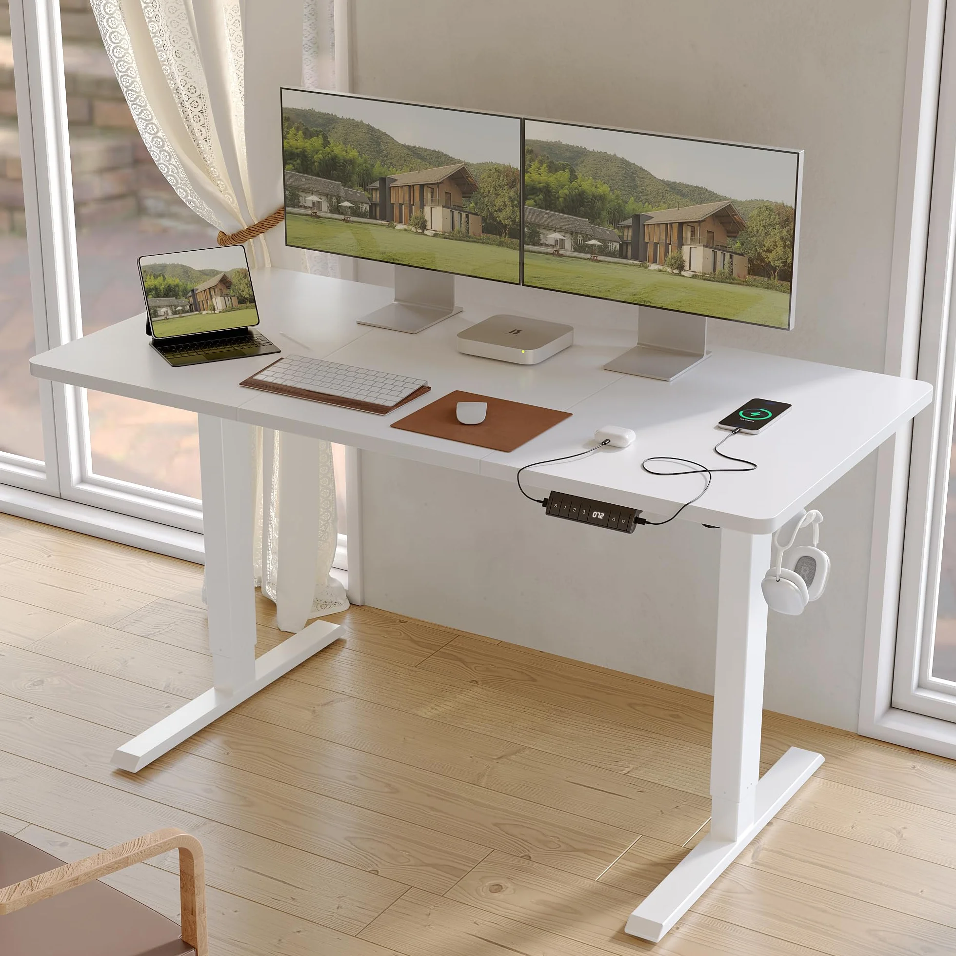 FEZIBO Bureau Électrique Réglable en Hauteur 120 x 60 cm avec Ports USB-A et USB-C, Blanc