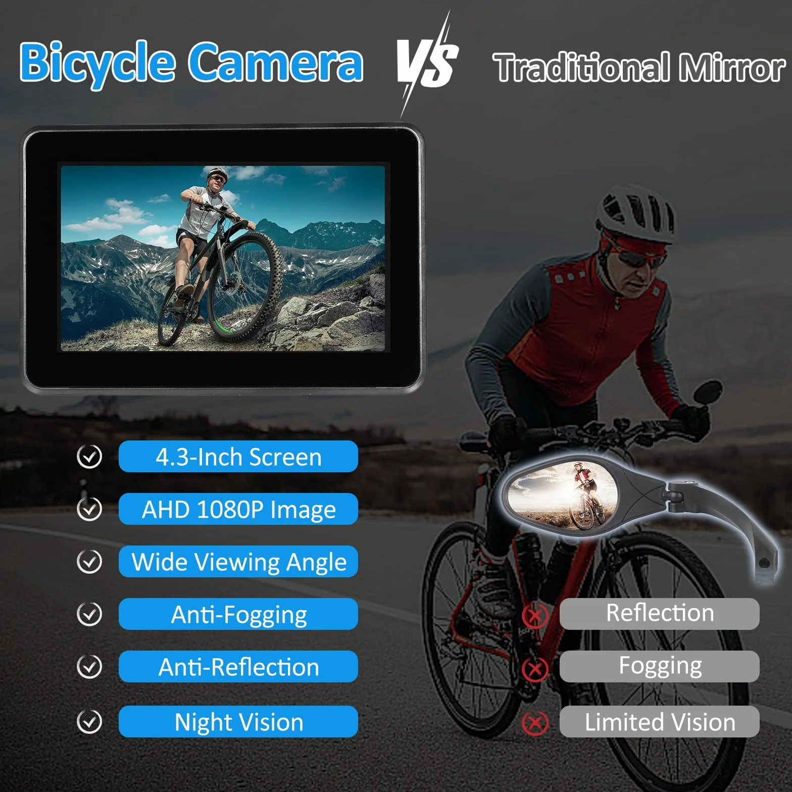 Shkalacar Tylna kamera rowerowa, lusterko do kierownicy rowerowej 1080P kamera cofania z monitorem 4,3 cala, 8 diod LED noktowizor rowerowy