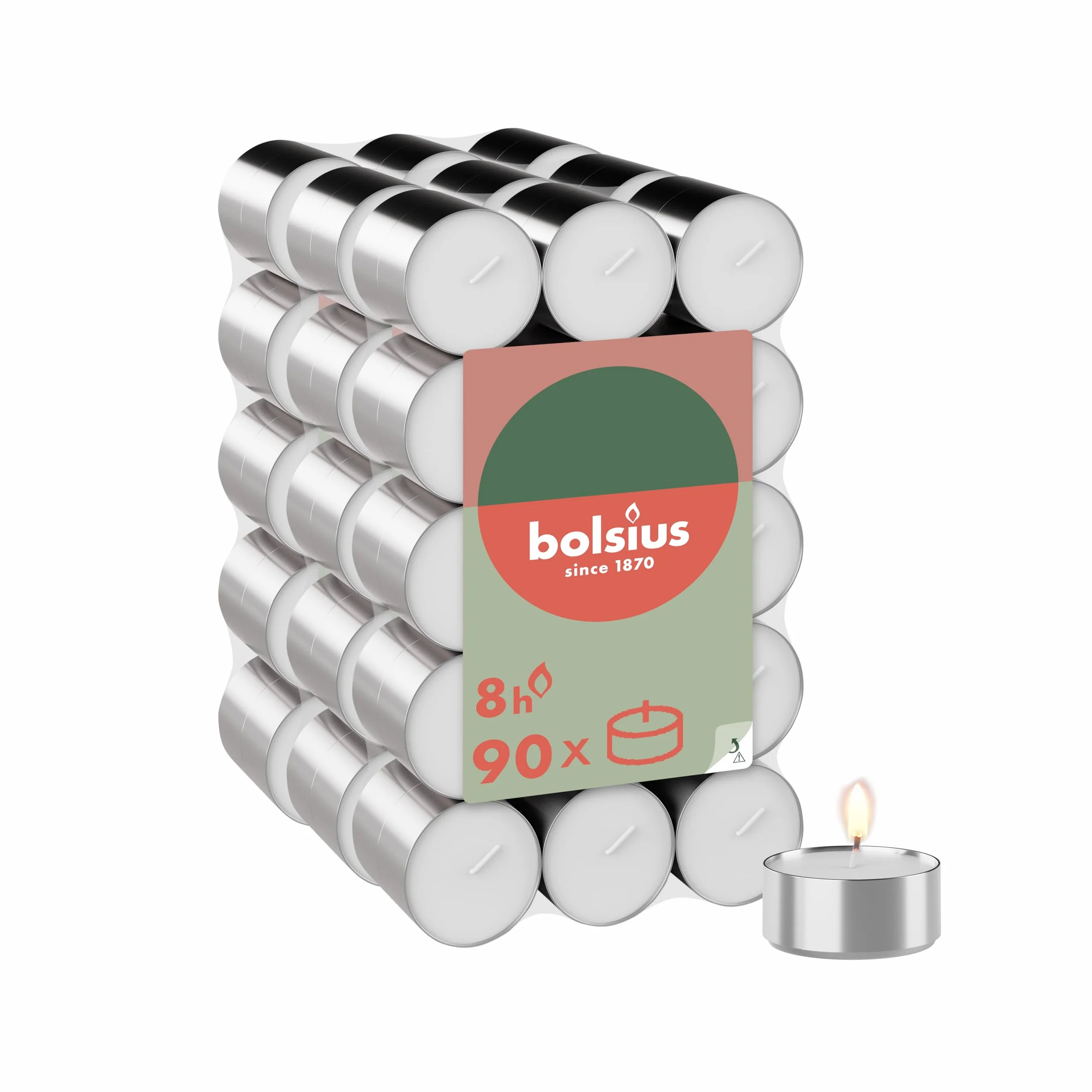 Bolsius Lot de 90 bougies chauffe-plat 8 heures combustion Blanc Sans huile de palme