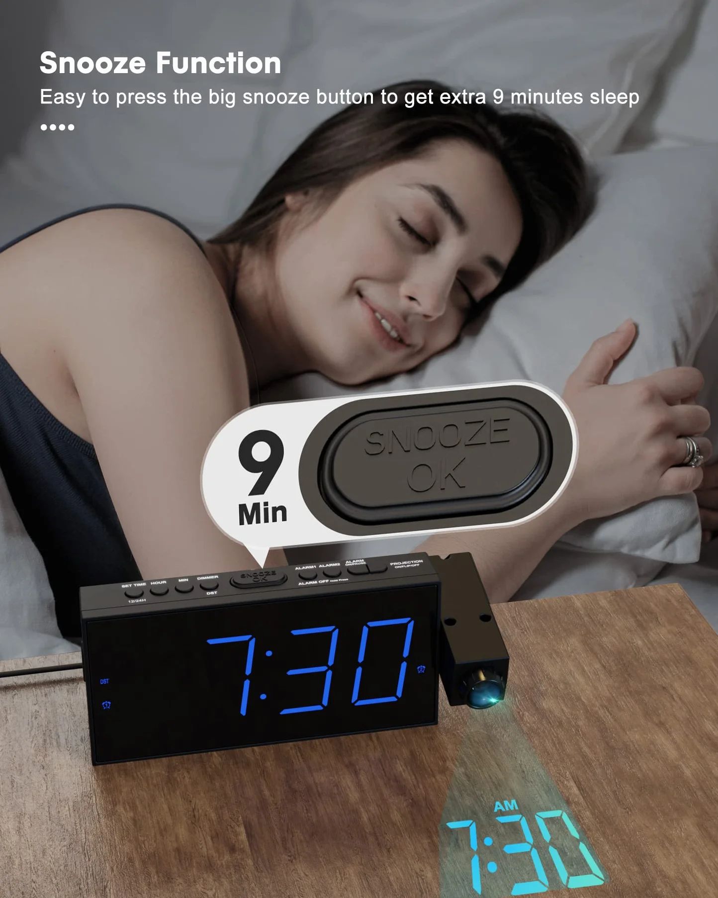 ROCAM Réveil Projecteur Plafond, Horloge Projection, Grand Écran, 5 Niveaux Luminosité Réglable, Snooze, DST