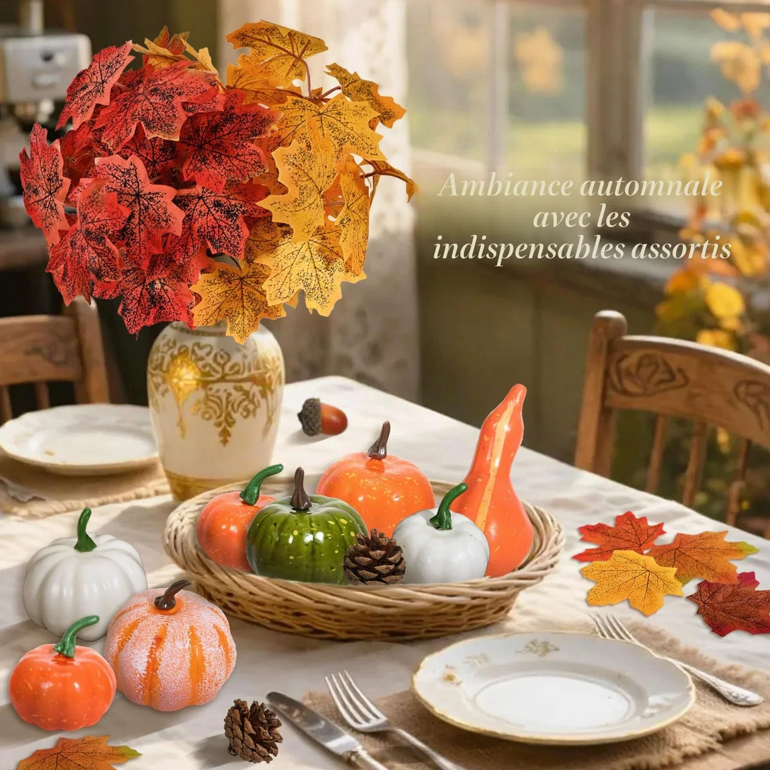 Lot de Mini Citrouille Deco Automne, Feuilles d'Érable, Pommes de Pin, Glands, Fausse Feuille pour Halloween Thanksgiving