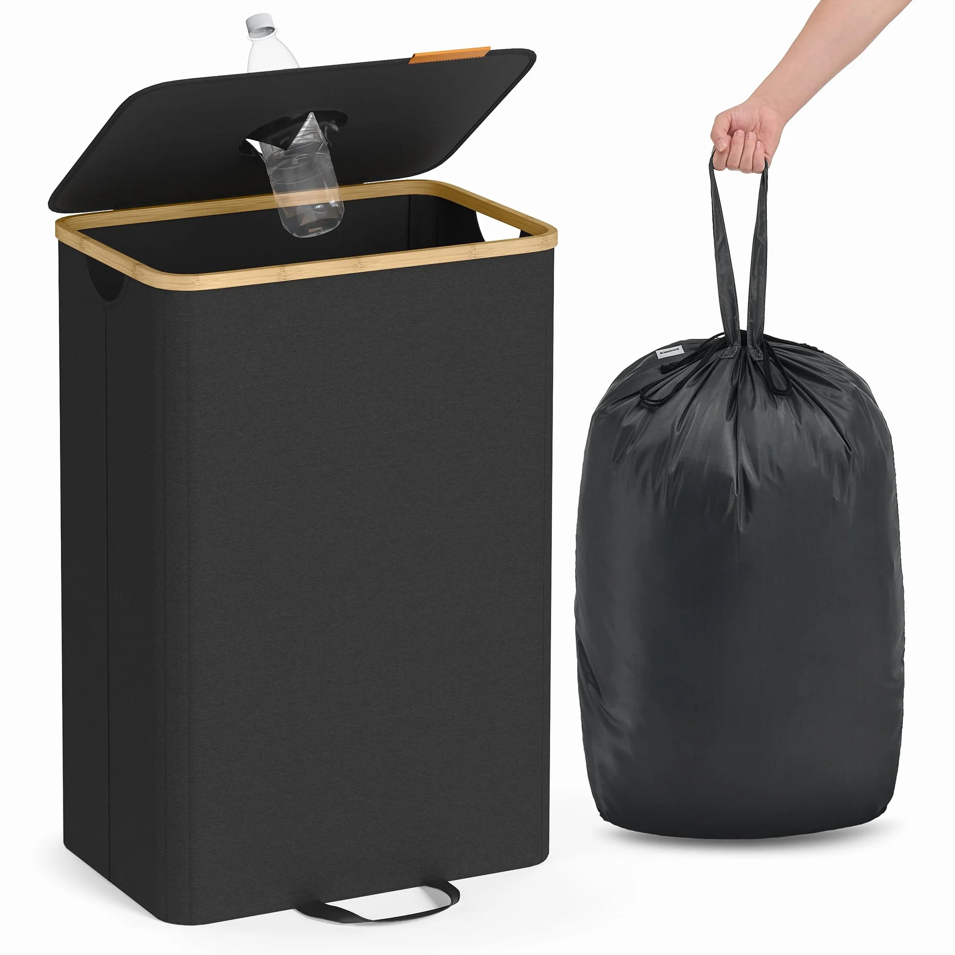 SONGMICS Poubelle de Recyclage 95 L pour Bouteilles et Canettes, avec Couvercle et Sac, Noir d'encre et Beige Naturel