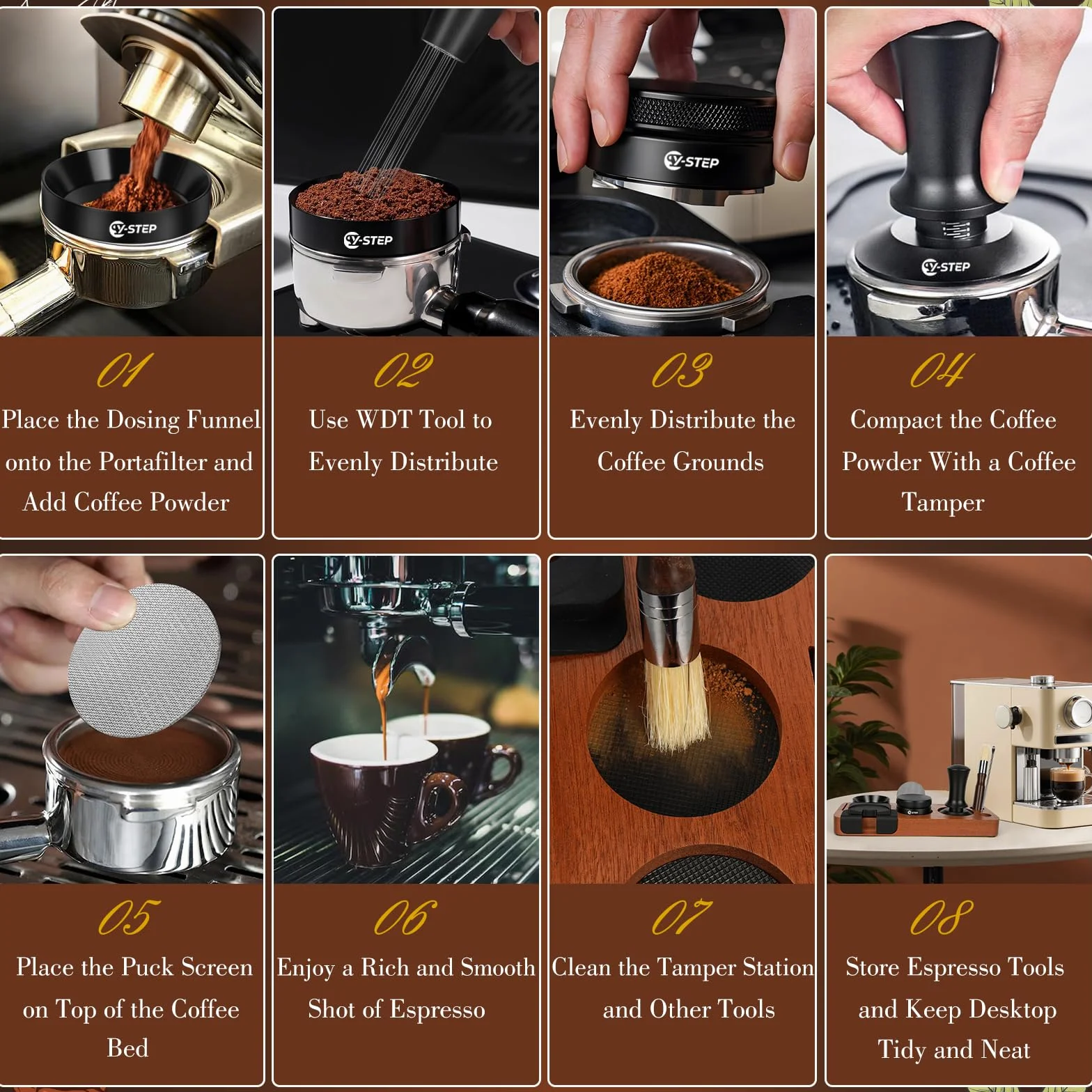 Y-Step Lot de 8 accessoires pour expresso - Tamper à café 51 mm avec station de tamper, Coffee Leveler, outil WDT, bague de dosage, brosse de nettoyage, puck screen, agitateur, pour machine à expresso