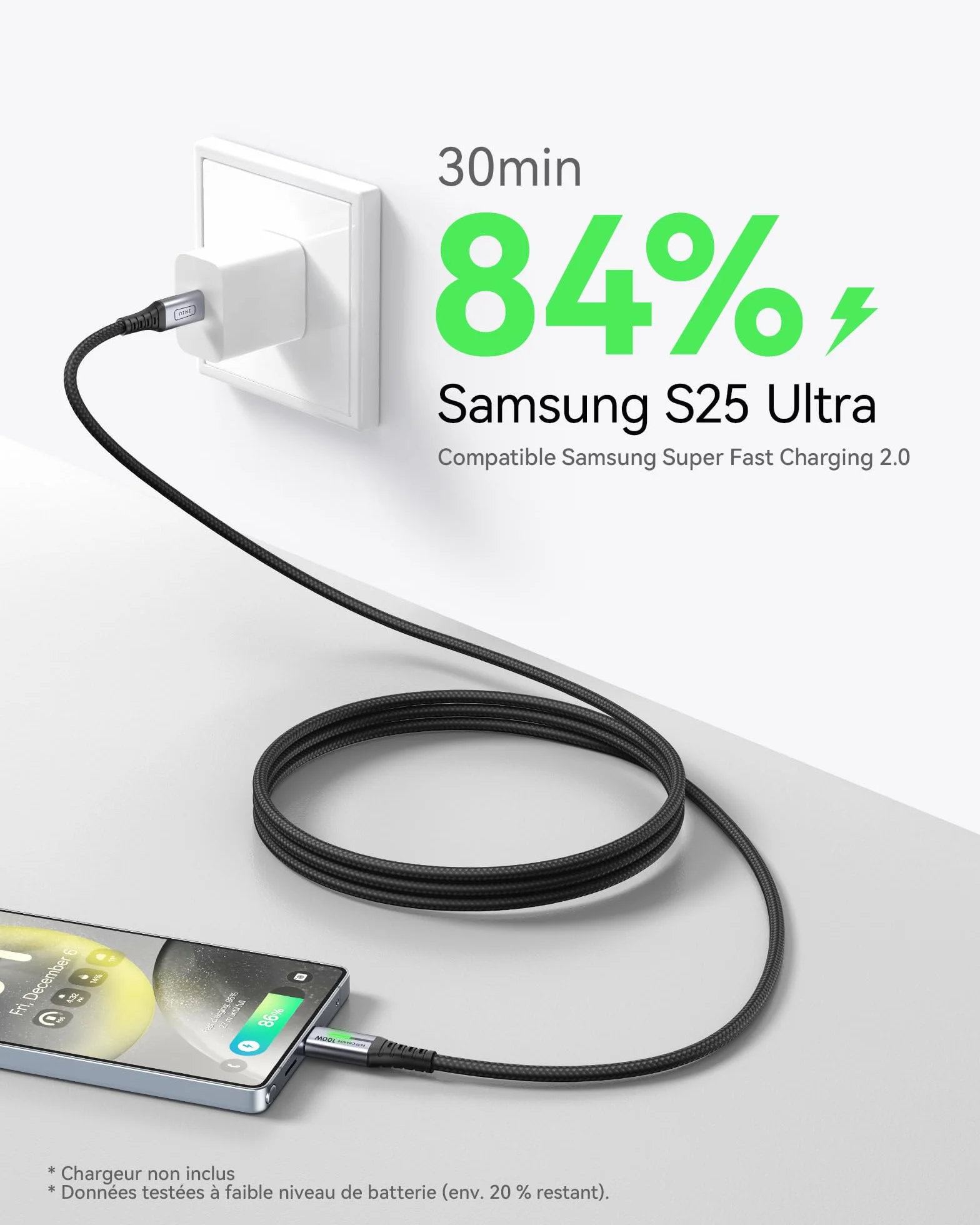 INIU Câble USB C 2m 100W 5A Charge Rapide PD 3.0 QC 4.0 Nylon Tressé pour iPhone Samsung Galaxy iPad MacBook