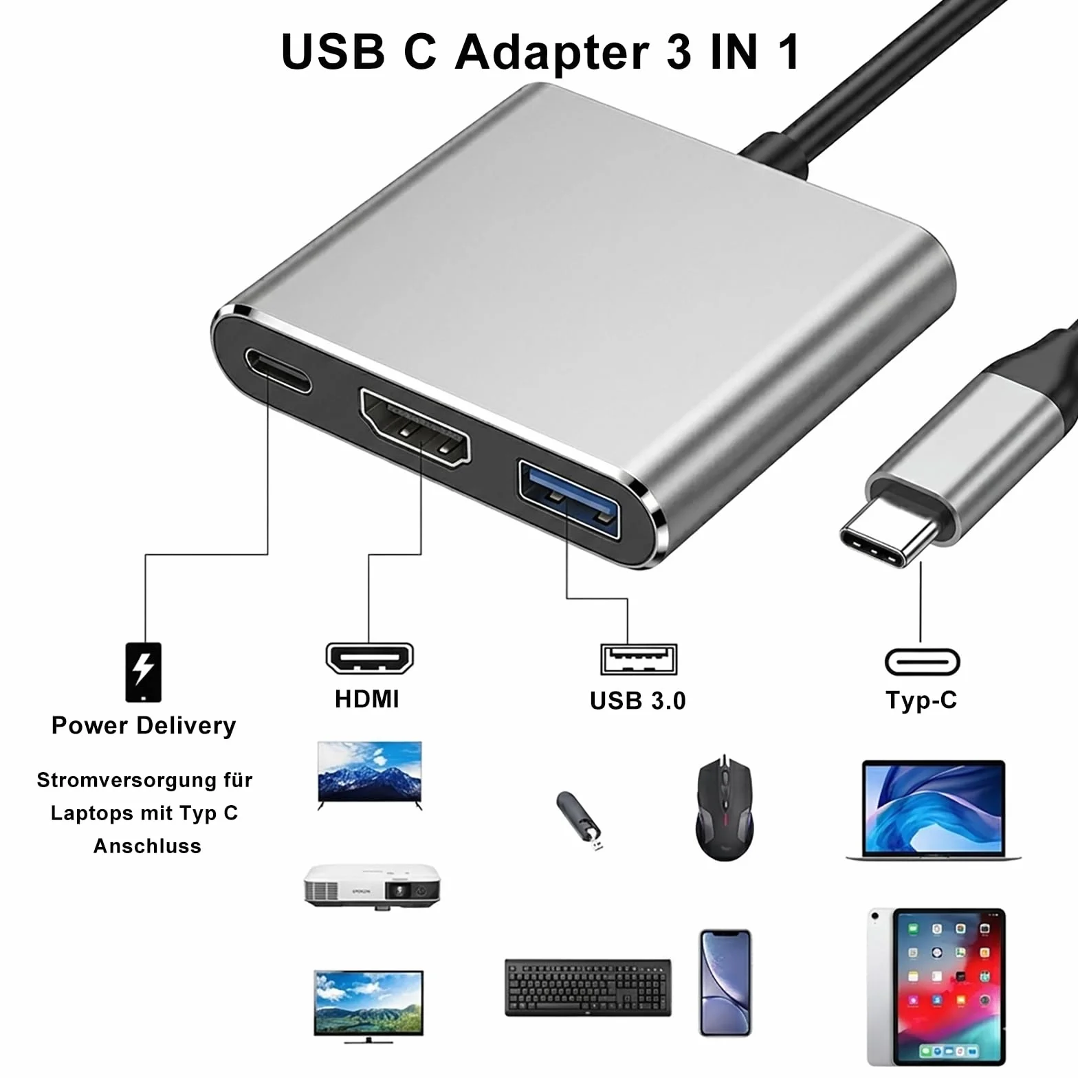 Adapter USB C na HDMI, 4K 30 Hz Multiport Hub z 100 W PD, USB 3.0, adapter USB C HDMI do MacBook Pro/Air, iPad Pro, Samsung S24/S23, Surface, HP