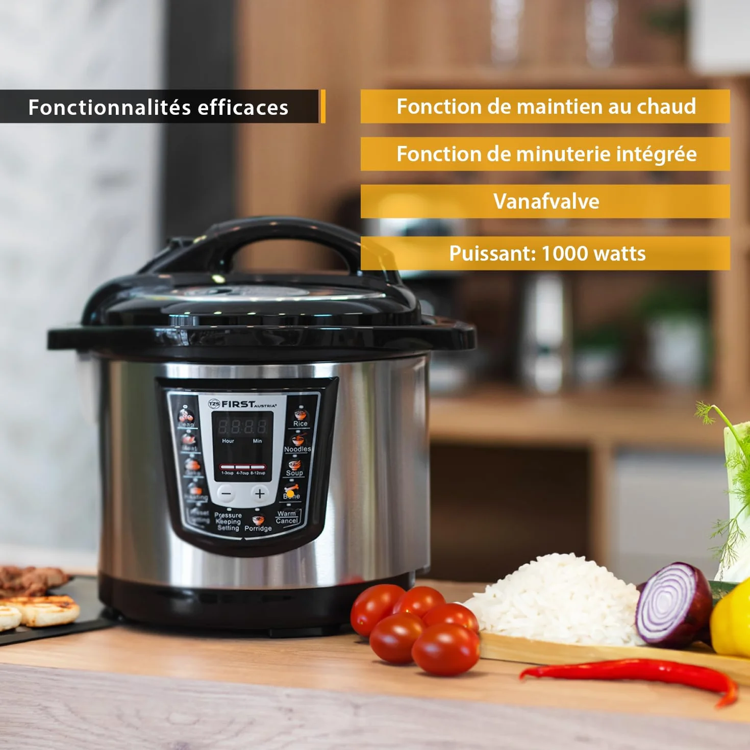 TZS First Austria - Autocuiseur électrique 6L avec 9 programmes automatiques - Multicooker 1000W comme cuiseur à riz, à vapeur, mijoteuse, etc. - Multicuiseur électrique à pression