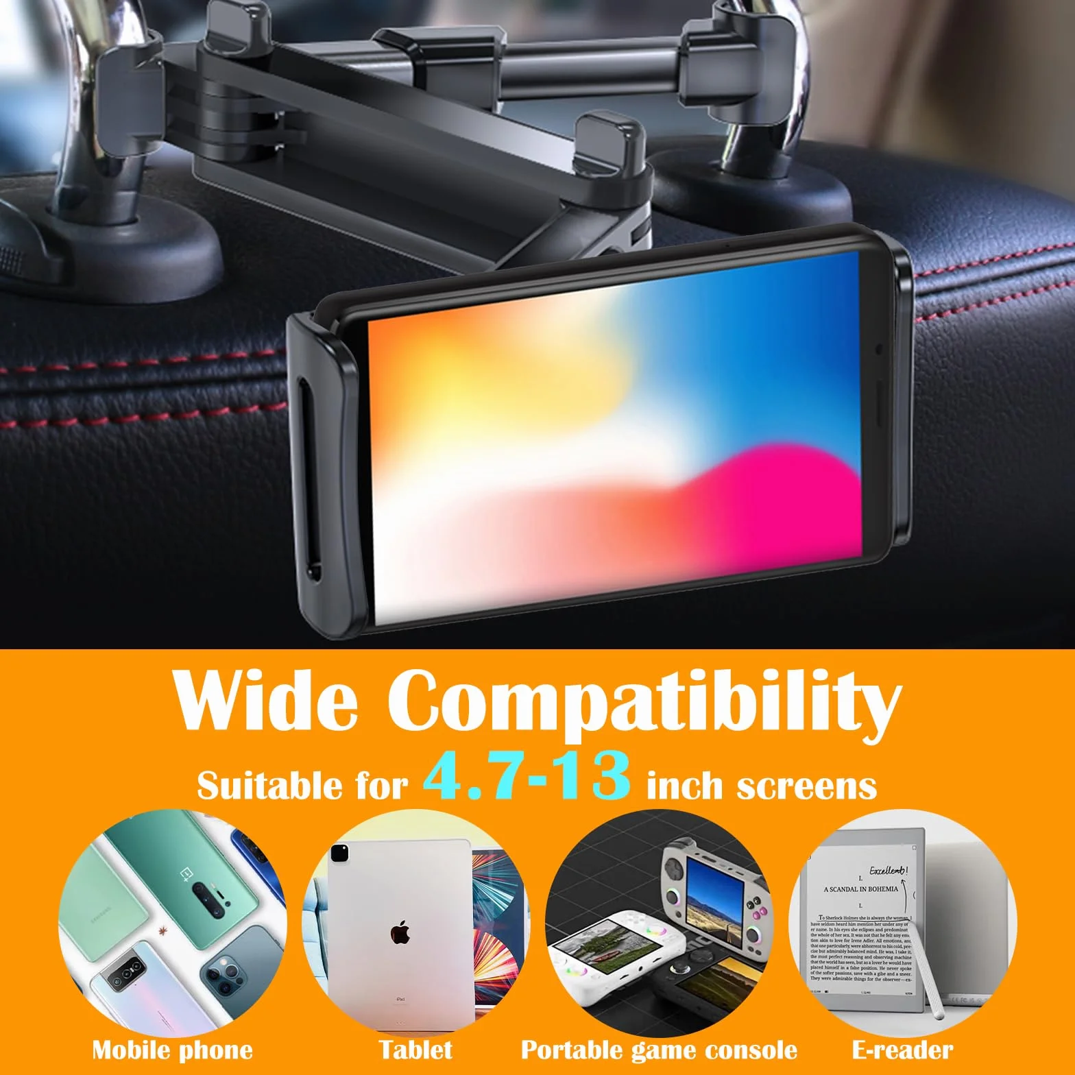 Uchwyt do Tableta na Zagłówek 360° Samochodowy, Teleskopowy dla iPad Switch Kindle 4.7-13 cali