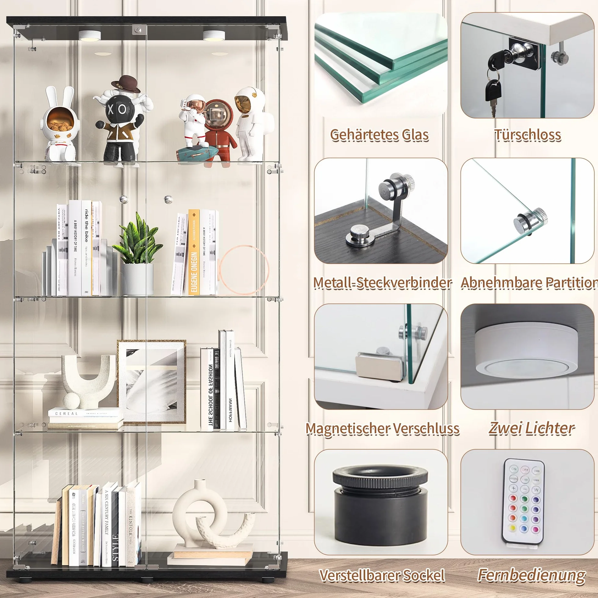 Vitrine en Verre avec LED 164x80.5x36.5cm, Armoire de Collection avec 2 Portes et 4 étagères en Serrure, Transparent pour Le Bar, Curio, Salon, Noir