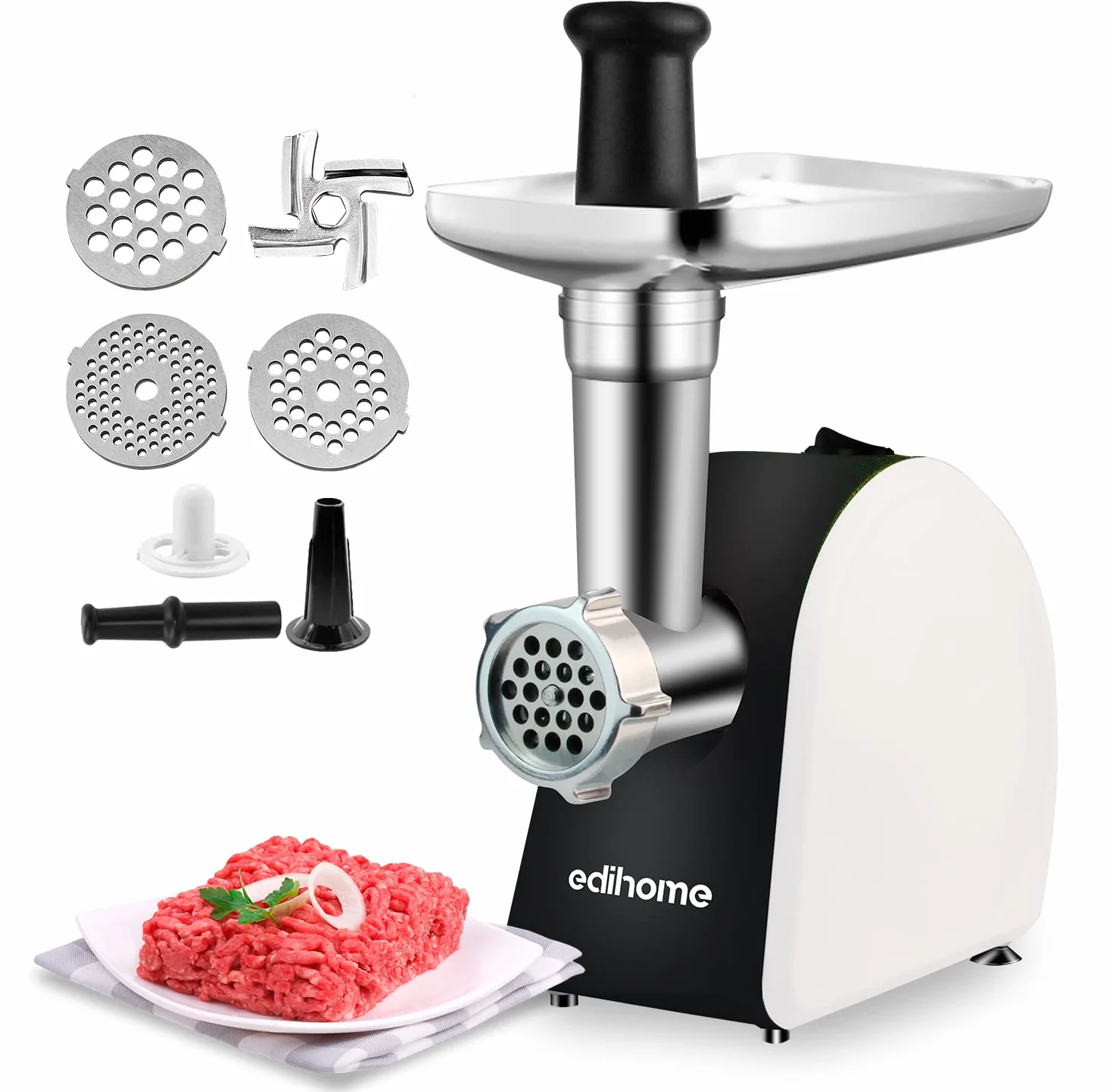 Edihome, Hachoir a Viande Electrique, avec Poussoir a Saucisse, Hachoir à Viande Professionnel, 2200W, Multifonction avec 3 Plaques de Coupe (Noir/Blanc)