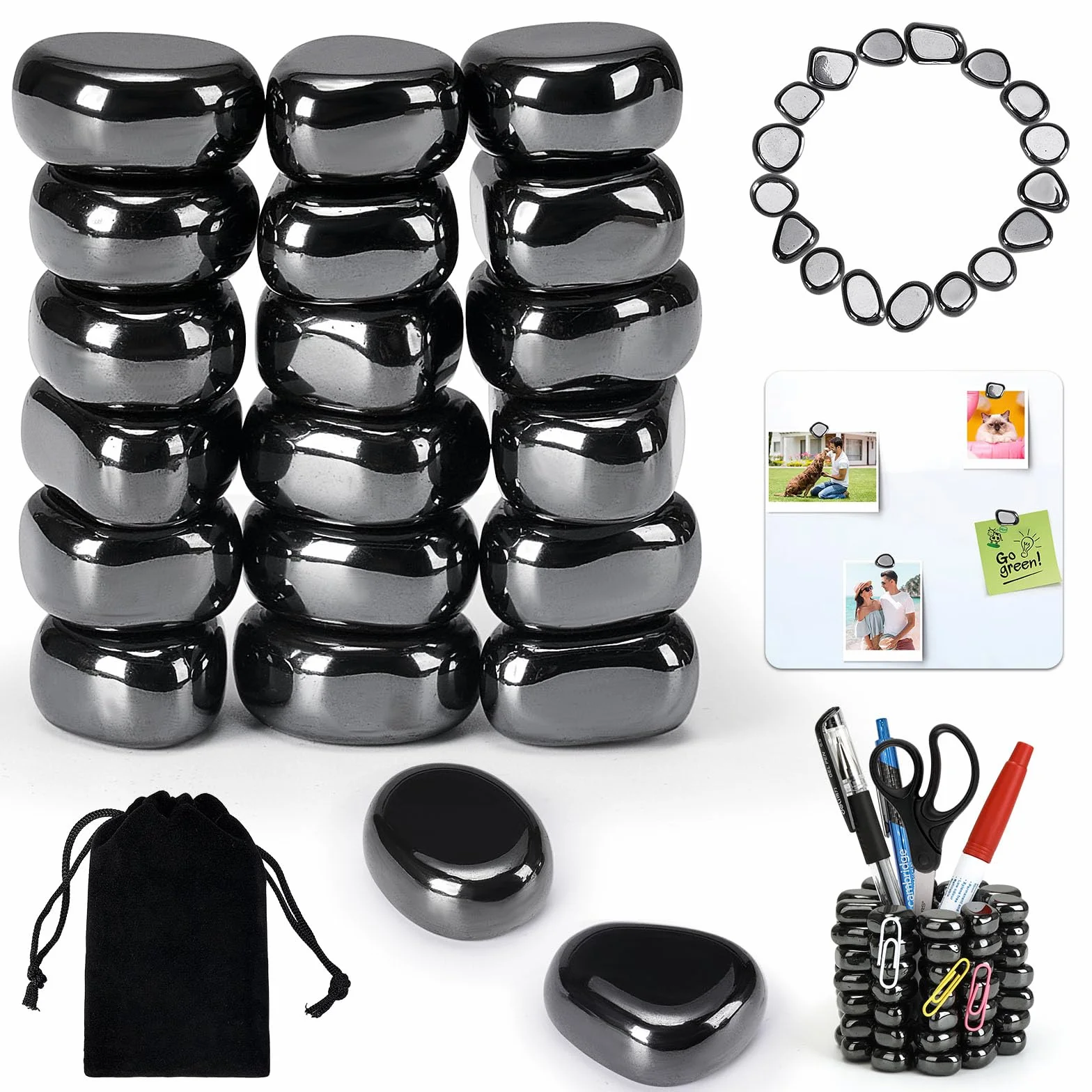 Aimants en Hématite Noirs, Pierres Magnétiques Irrégulières avec Sac de Rangement, Anti-Stress, Décoration