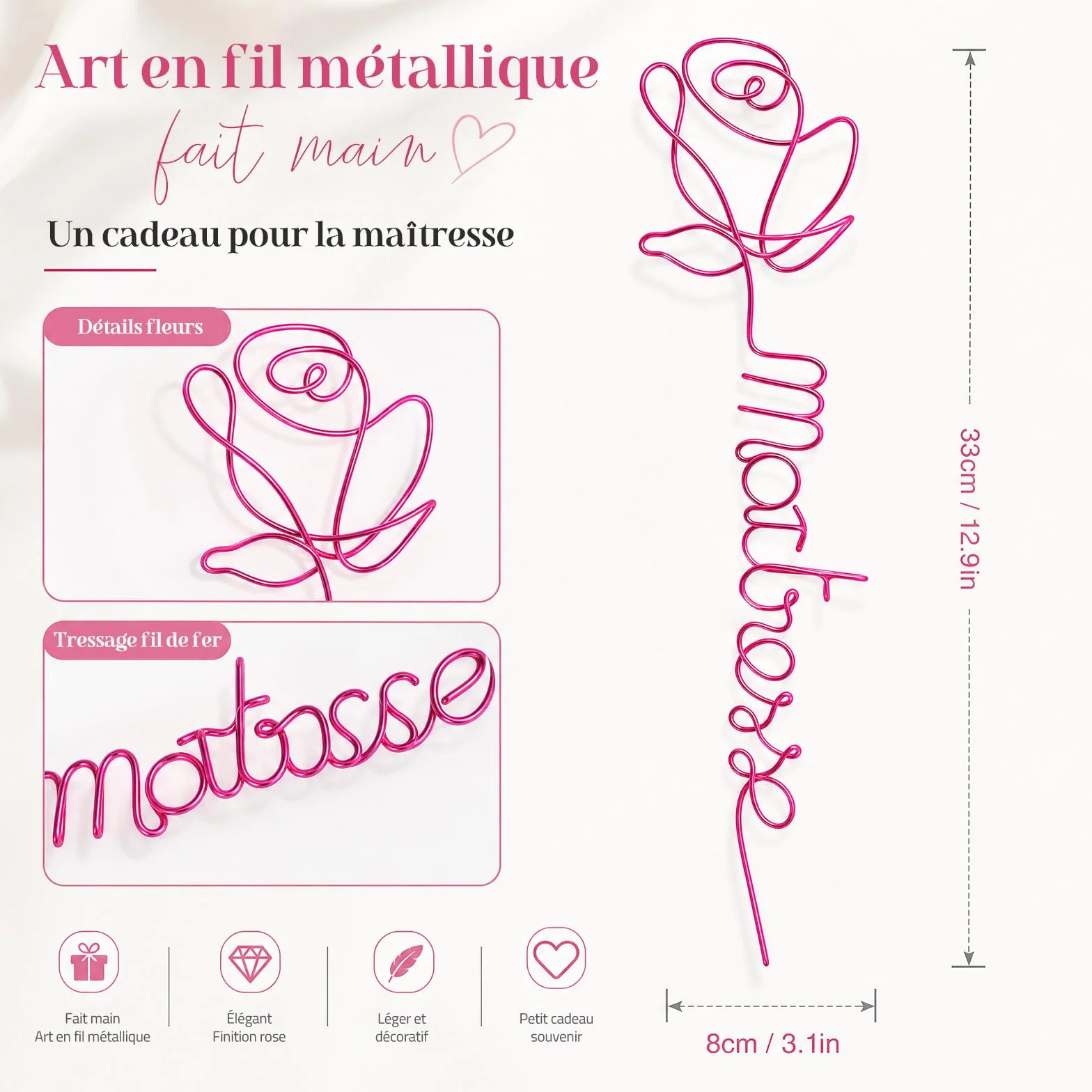 Fleur en Fer Maîtresse Rose en Fil Métal Artisanat Créatif Cadeau Fête des Enseignants
