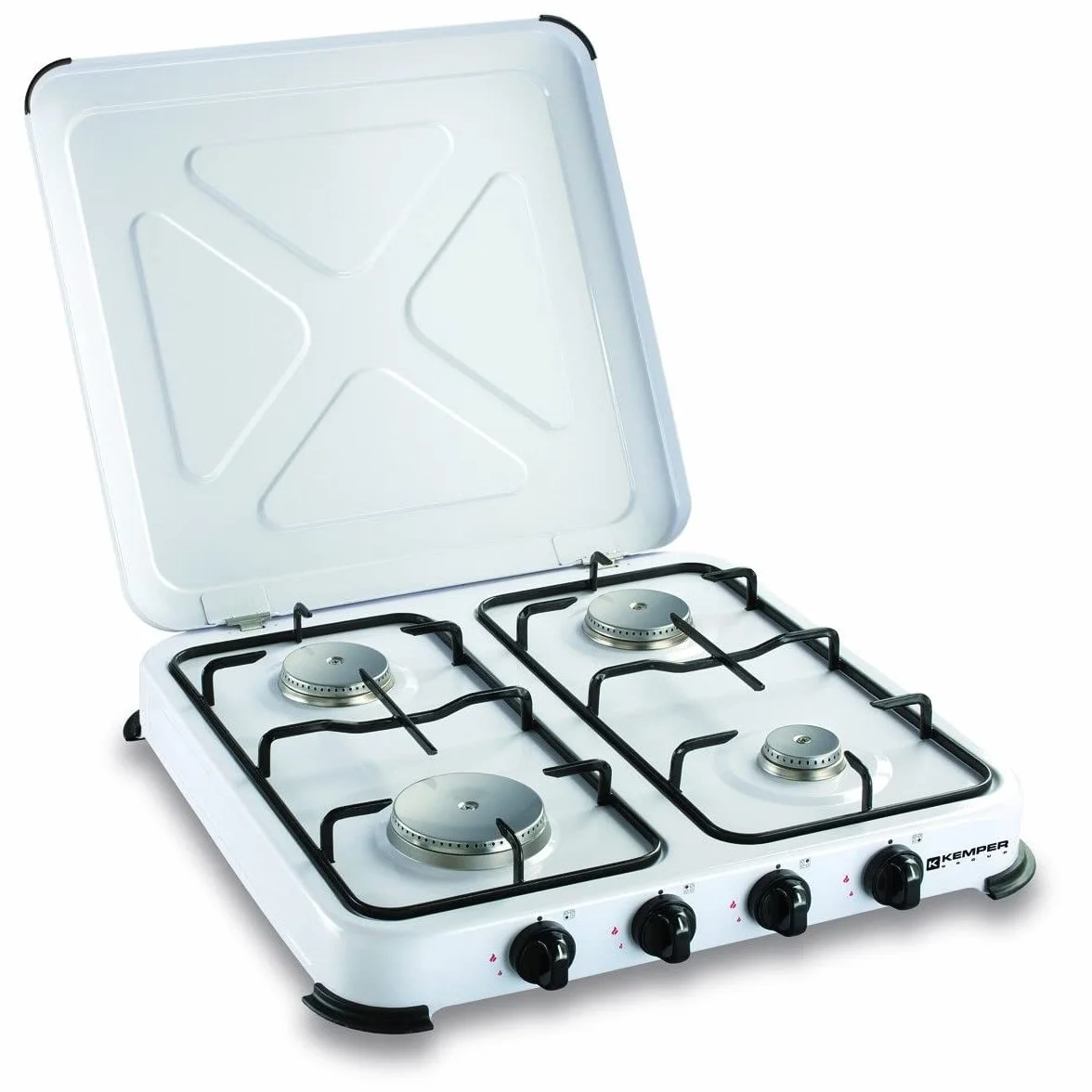 KEMPER - Plaque de cuisson gaz portable 4 feux - Réchaud gaz 4650W Blanc Couvercle et grilles amovibles Ideal Camping, Balcon, Cuisine Exterieure