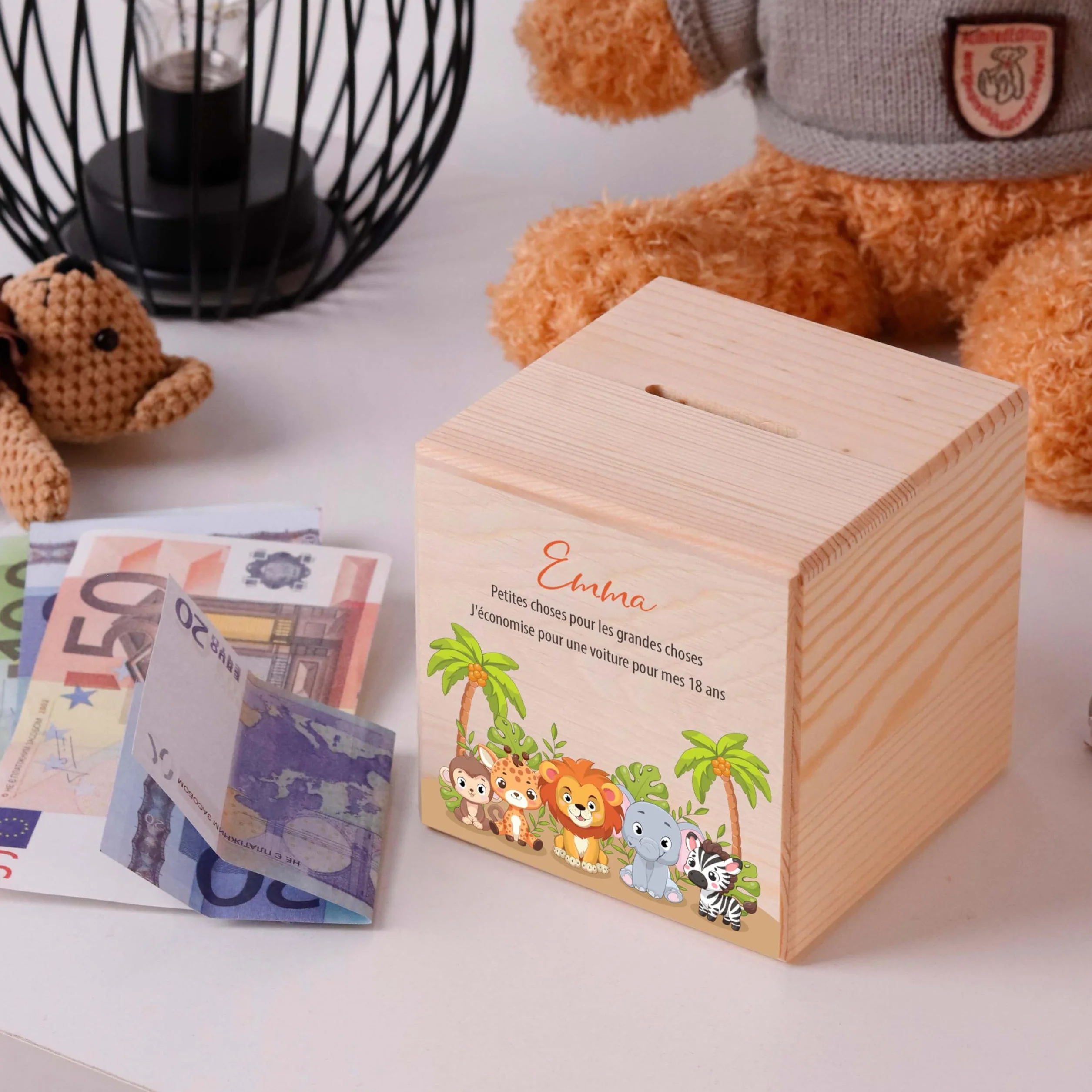 Tirelire Enfant personnalisée avec prénom, Tirelire en Bois - Cadeau personnalisé Baptême, Communion, Confirmation, Anniversaire, Filles & Garçons, Safari