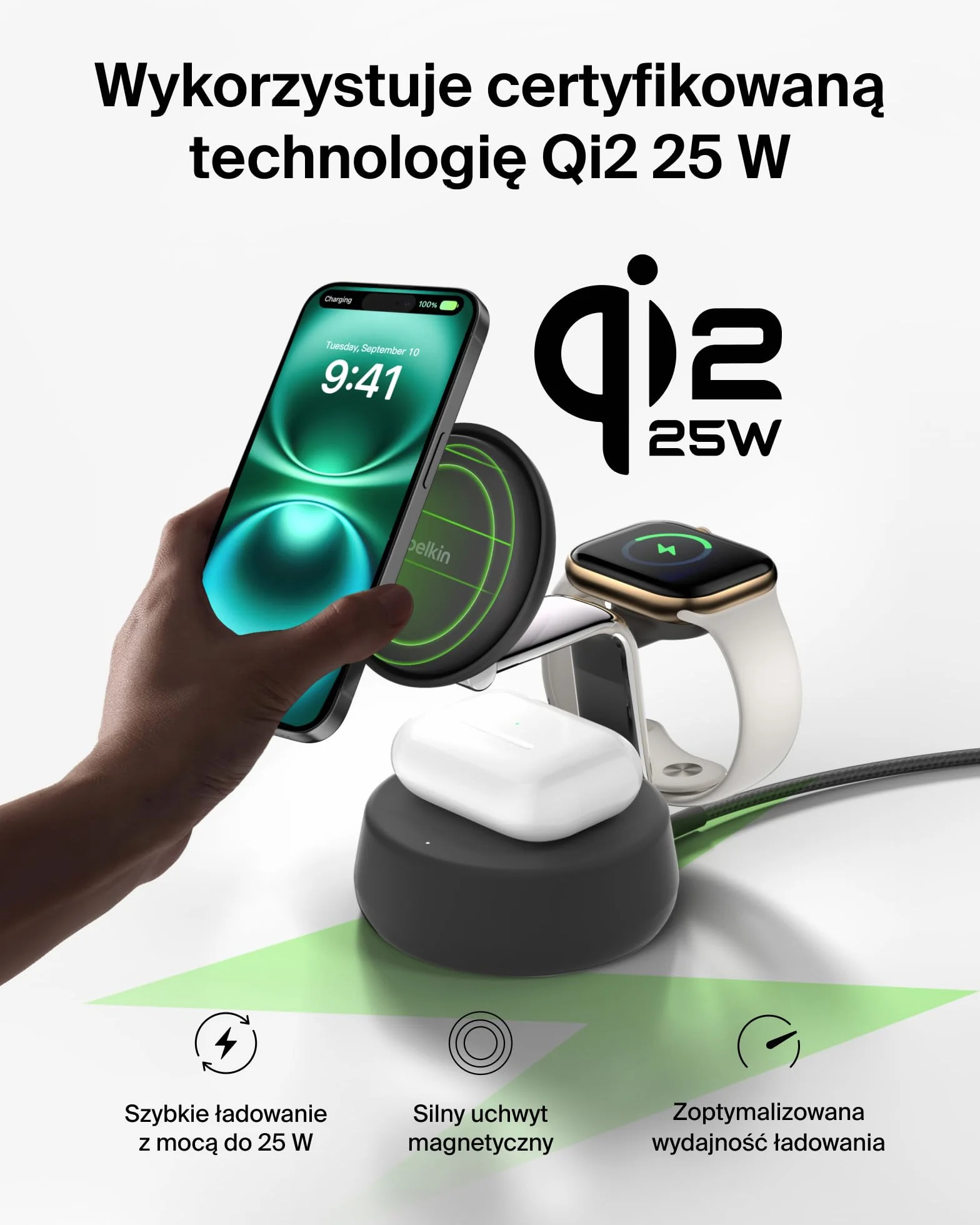 Belkin UltraCharge Pro Qi2 25W Ładowarka Bezprzewodowa 3 W 1, Kompatybilna z MagSafe, Stacja Ładująca do IPhone 16, Apple Watch, AirPods, Pixelsnap, z Wentylatorem i Zasilaczem 45W, Czarna