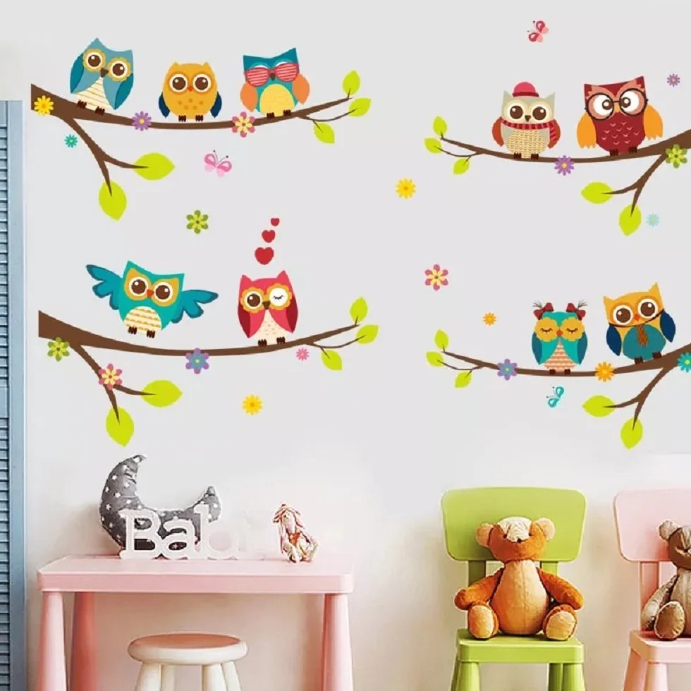 Stickers muraux enfants animaux de la forêt CHOUETTES mignonnes sur BRANCHES 120x100 cm Autocollant mural chambre bébé