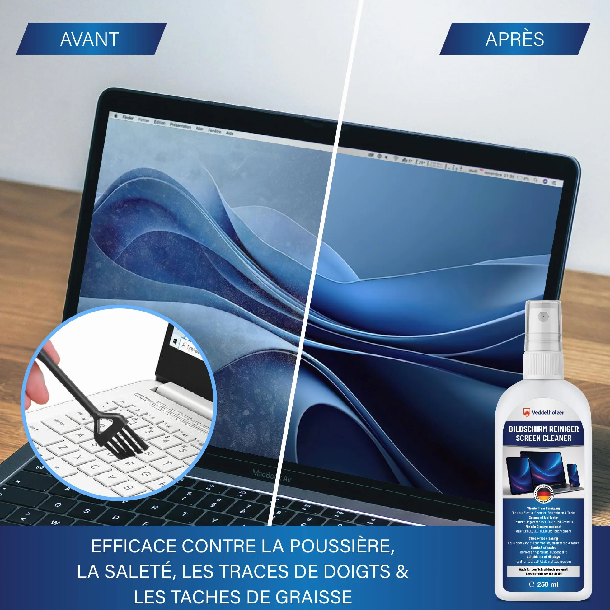 Veddelholzer Kit de Nettoyage pour écrans 250 ML avec Chiffon en Microfibre et Pinceau