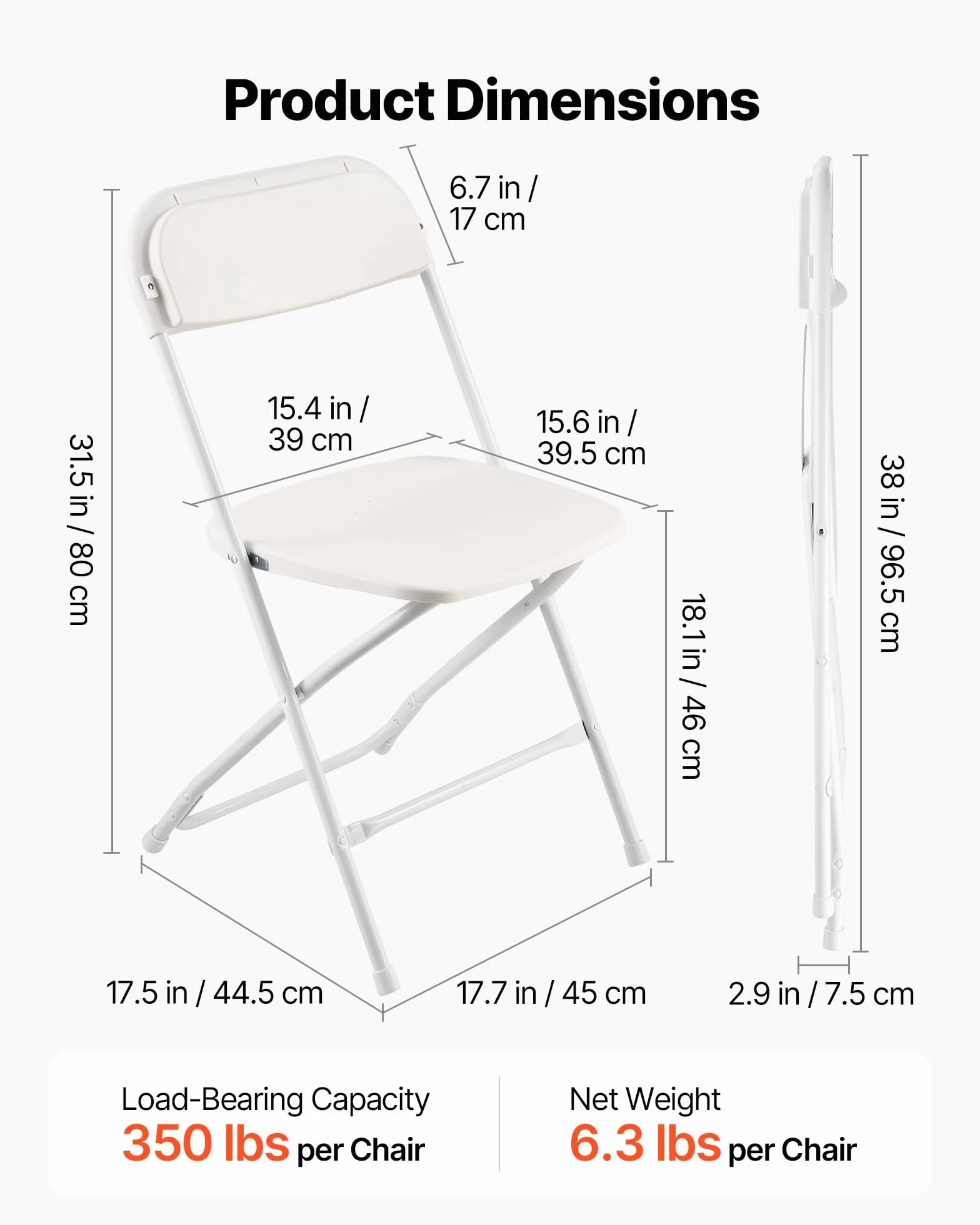 VEVOR Lot de 4 Chaises Pliantes Portables, Chaise de Salle à Manger en Plastique avec Cadre en Métal, Sièges Empilables pour Intérieur et Extérieur, Maison, Cour, Jardin, Fêtes, Événements, Blanc