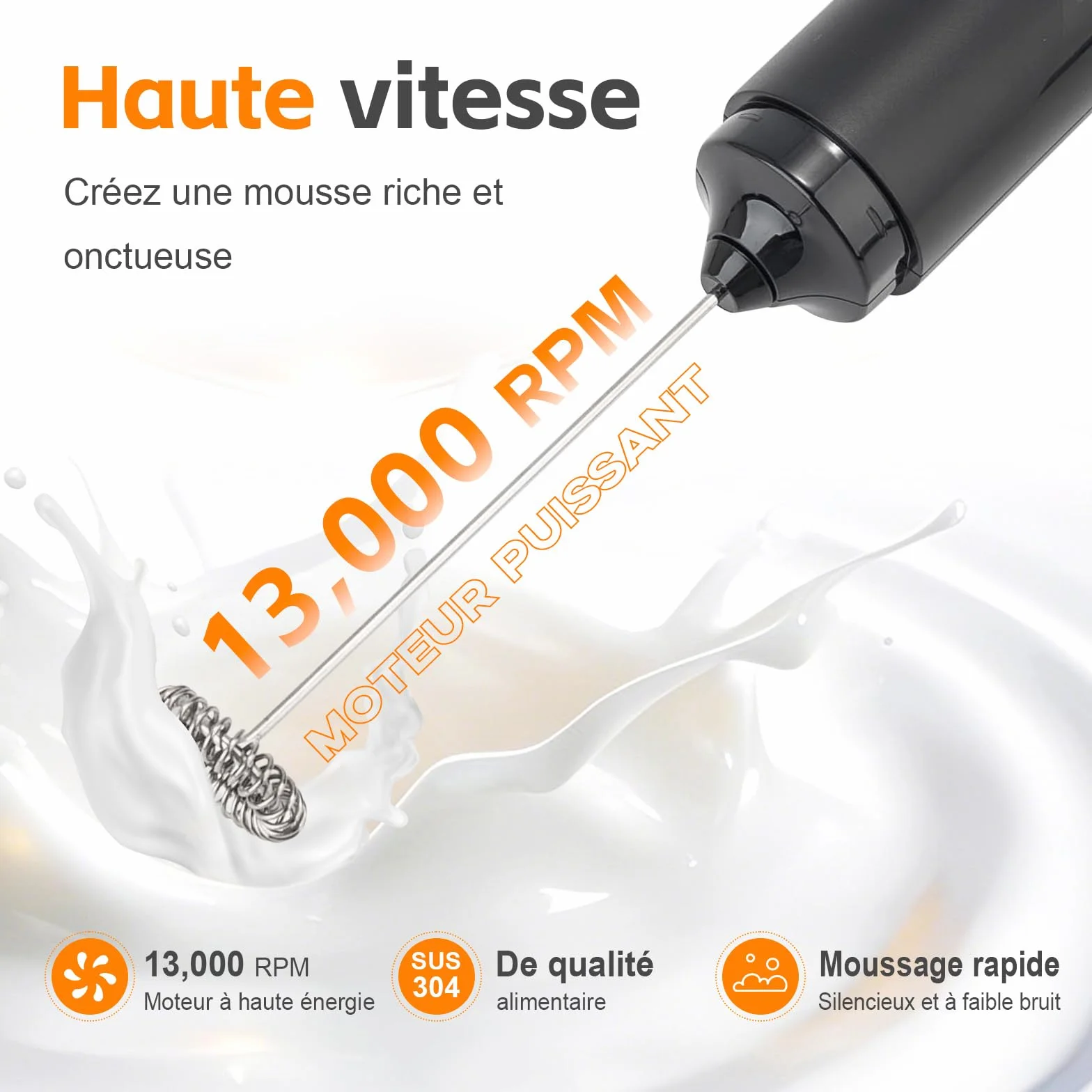 Mousseur à Lait Électrique 13 000 tr/min, Fouet Mini sans BPA, Piles, GRIFEMA