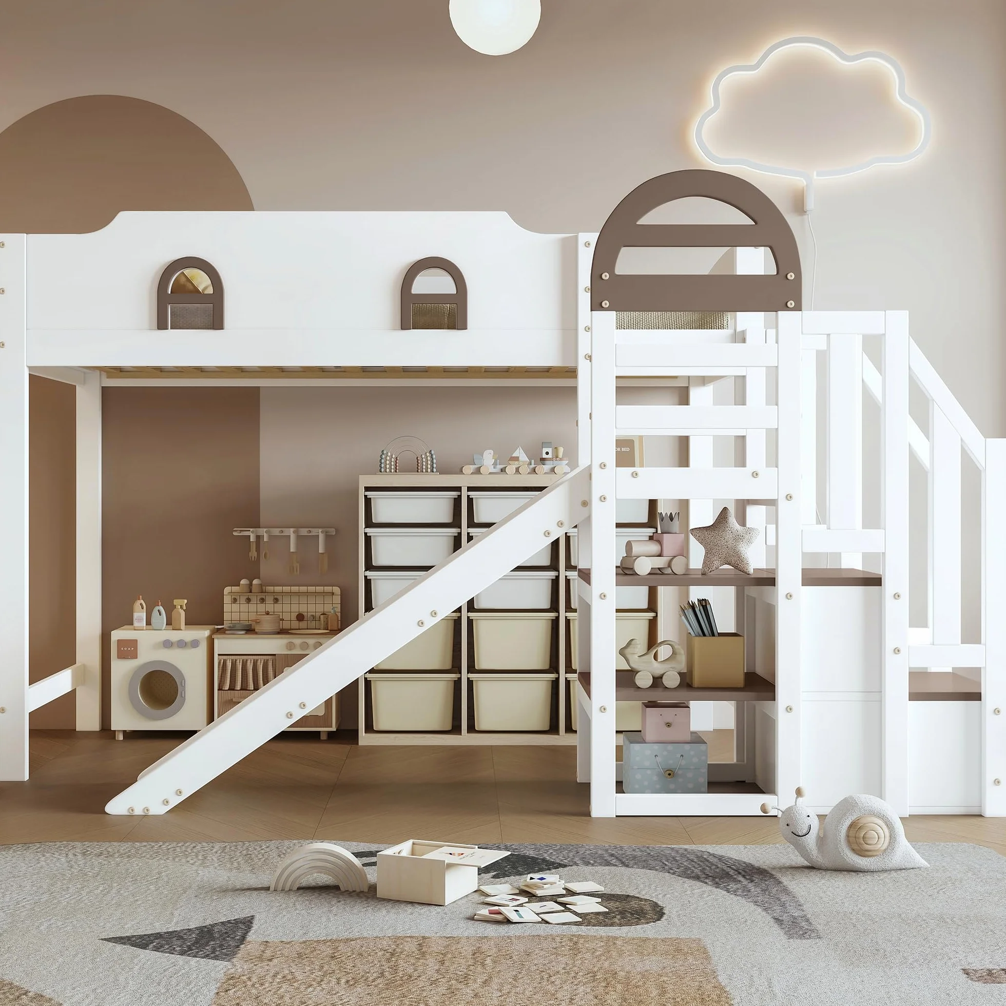 Zepneiy Lit Enfant 90x200 avec Toboggan et Rampe, Lit Superposé Enfant avec 2 casiers dans l'escalier et fenêtre, Pin et MDF Blanc (sans Matelas)