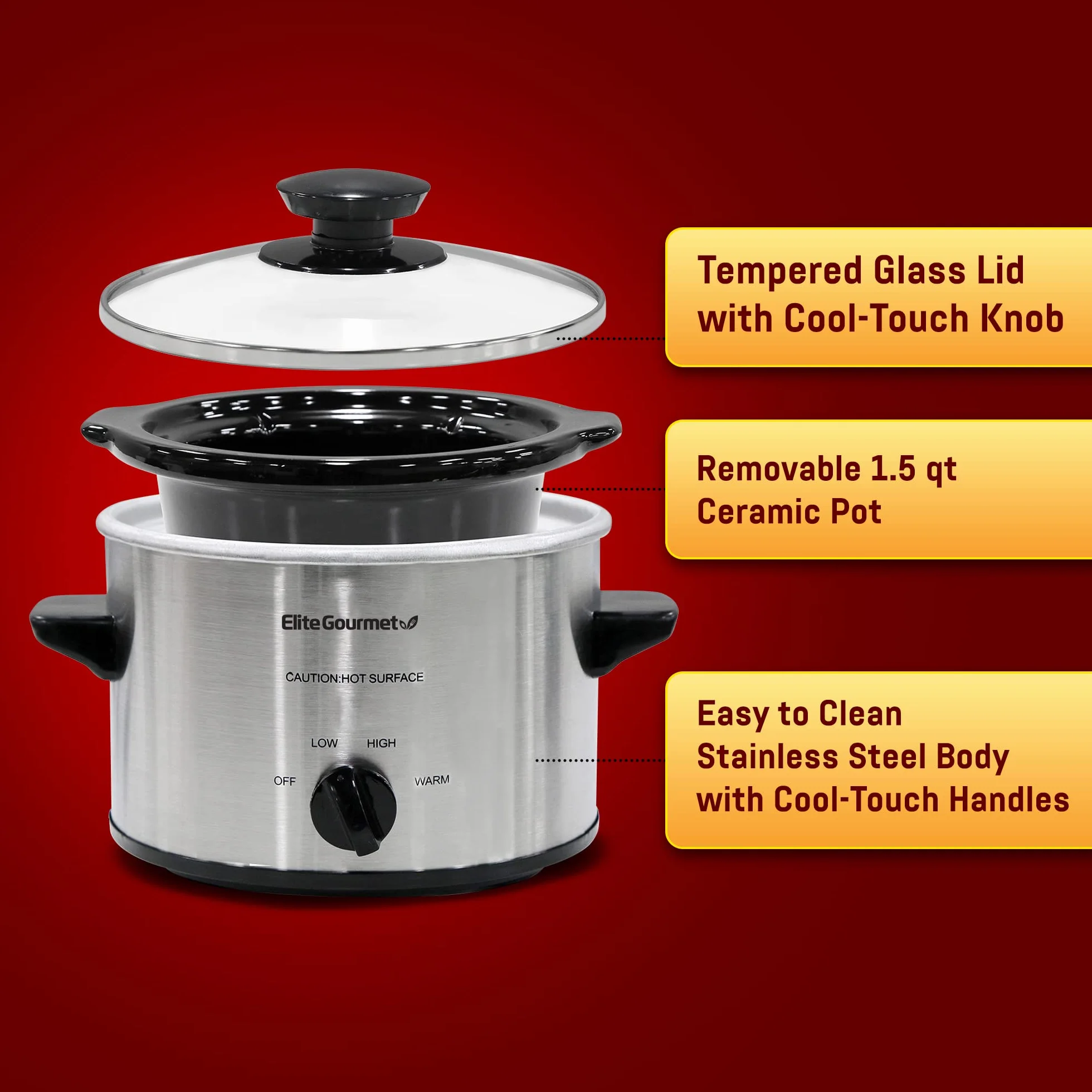 Elite Gourmet MST-250XS# Mijoteuse électrique avec cuve en céramique, température réglable, pour entrées, sauces, soupes, rôtis, plats mijotés, passe au lave-vaisselle (1,4 L, acier inoxydable)