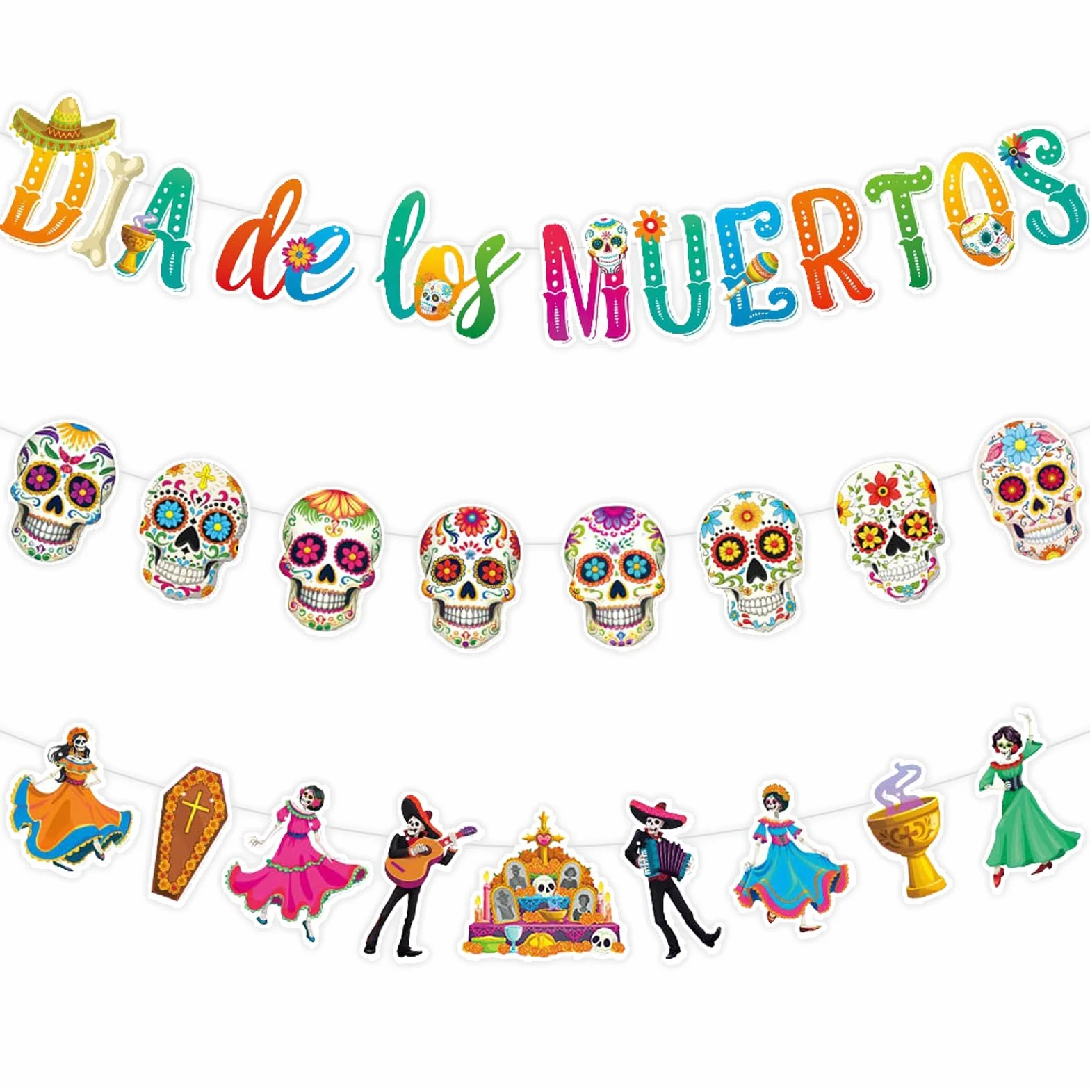 Dia De Los Muertos Lot de 3 bannières colorées Jour des morts crânes multicolores décoration mexicaine Halloween Cinco de Mayo